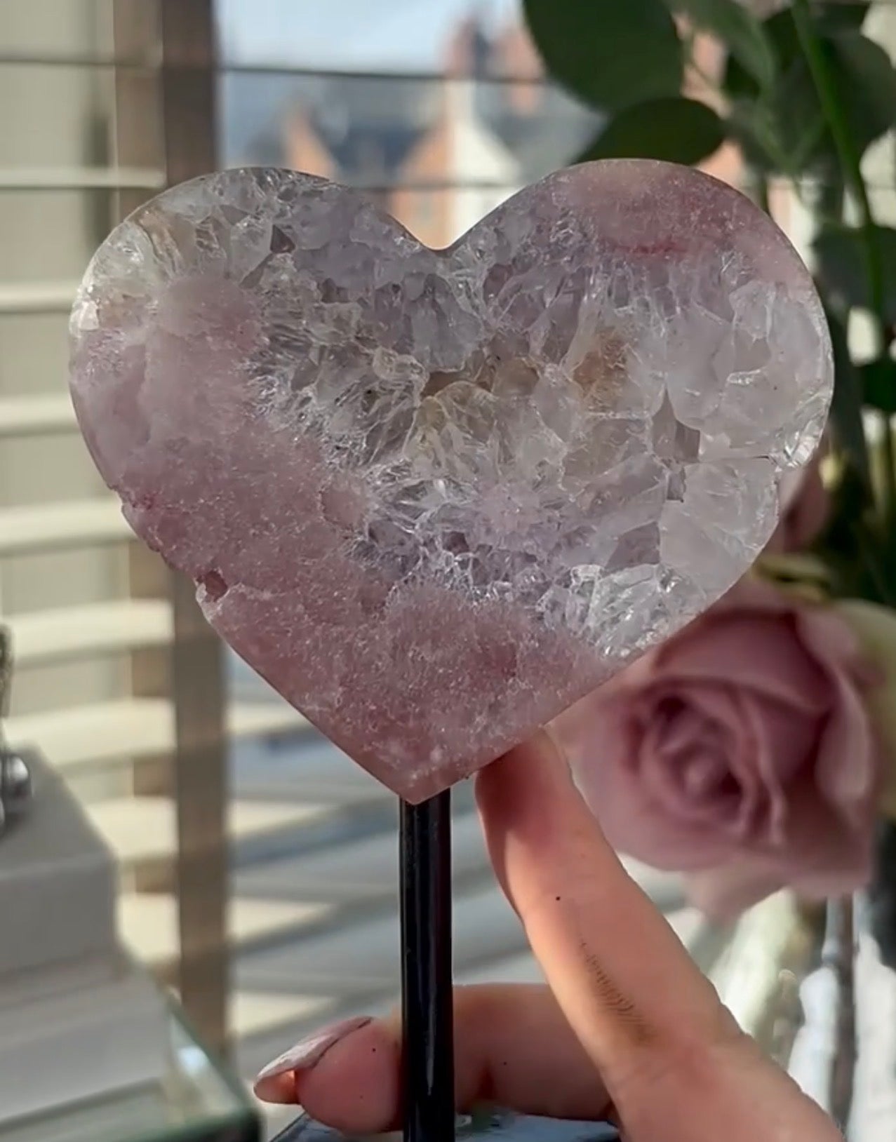 High quality pink amethyst heart with quartz - comes with stand