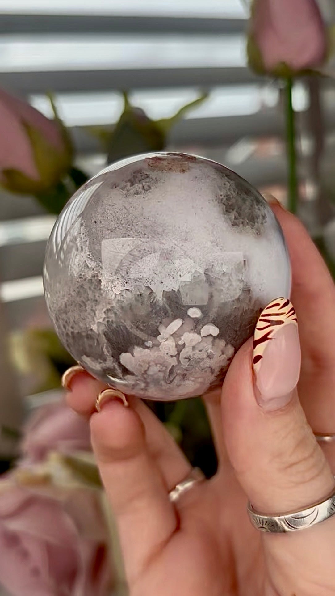 Stunning!! Super high quality, Druzy, green chlorite x blue flower agate sphere