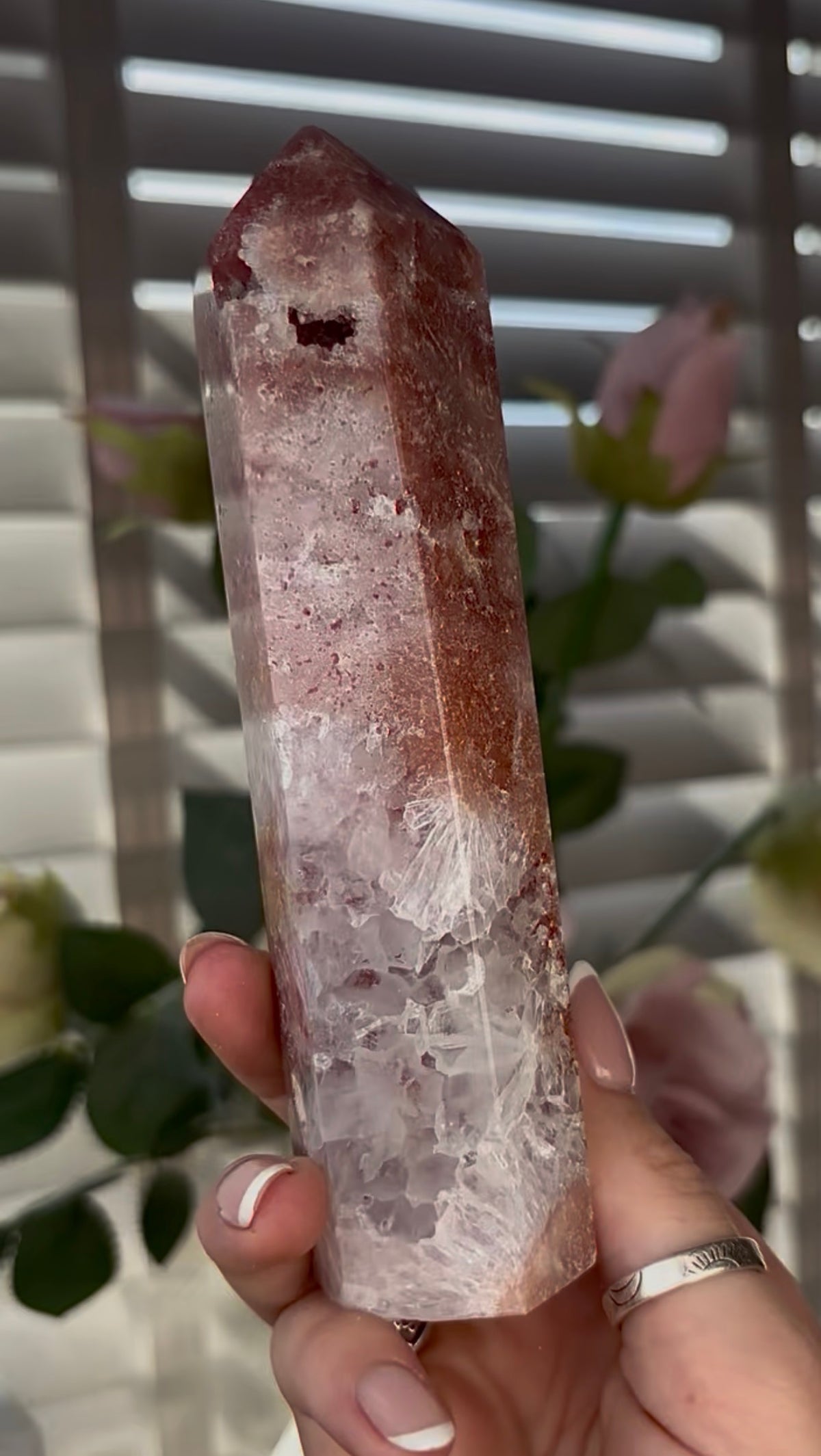 Beautiful, high quality, Pink amethyst tower 15.2cm(h) by 4cm(w)