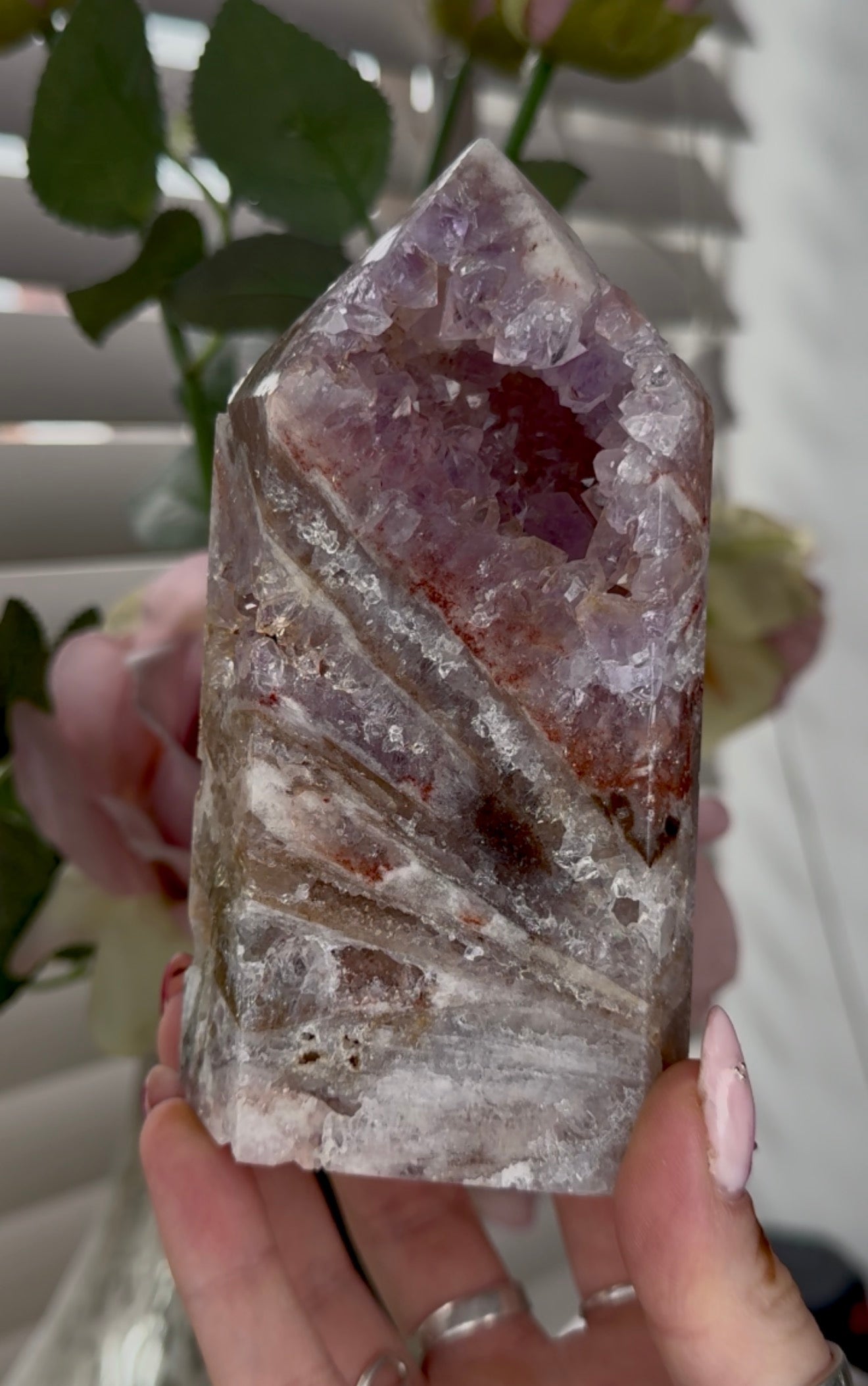 High quality Pink amethyst tower with agate, jasper & rutile 13cm(h) 7cm(w)