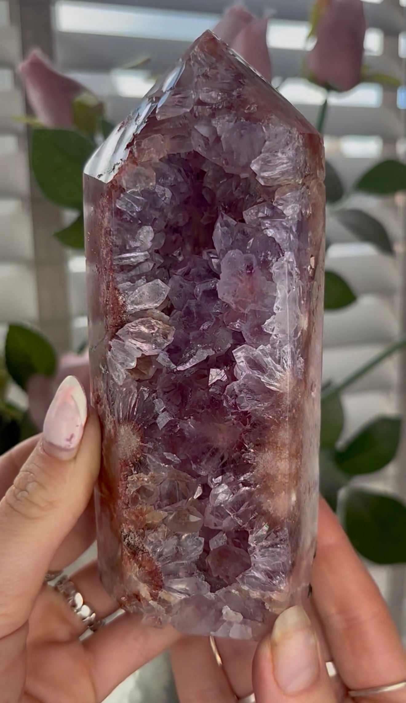 Beautiful, high quality, Pink amethyst tower with purple quartz