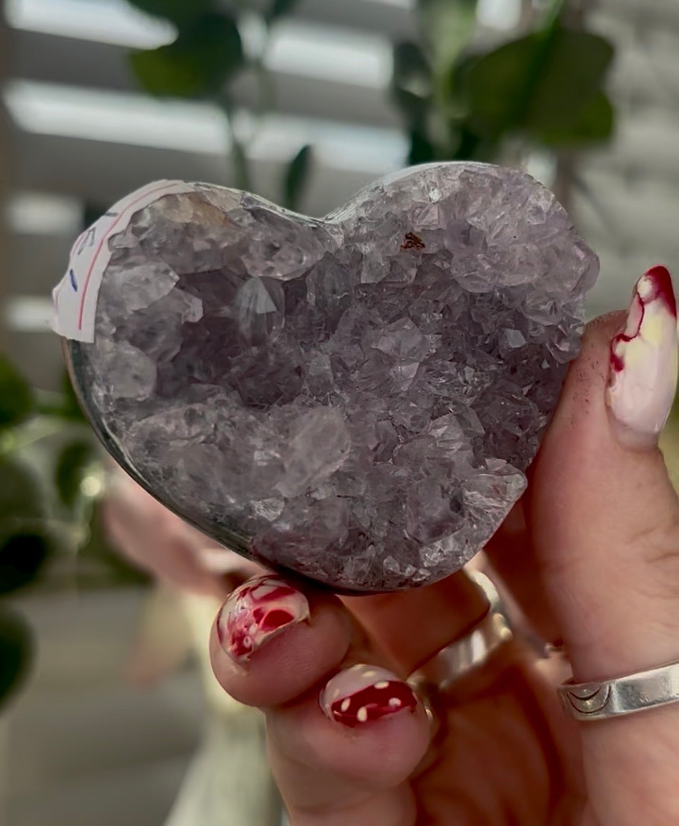 Mini, chunky, double sided, pink amethyst heart with purple quartz and jasper - comes with stand