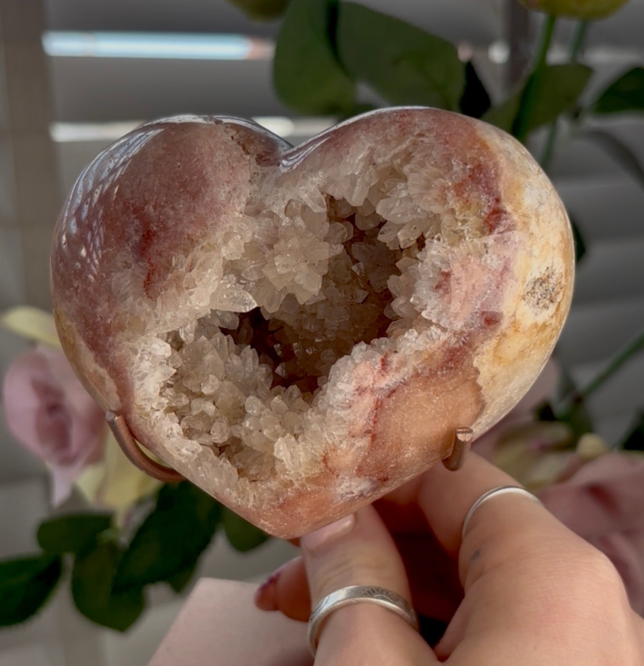 pink amethyst heart - comes with stand