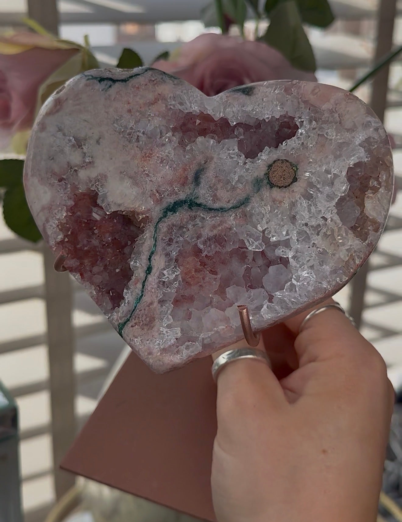 Hq pink amethyst heart with Jasper - comes with stand