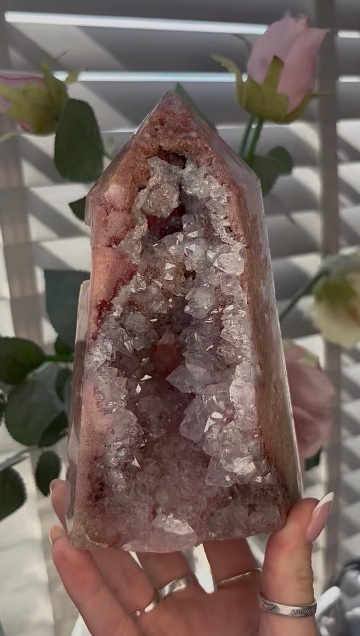 Beautiful, huge, chunky Pink amethyst tower with quartz teeth 16.5cm(h) by 9.4cm(w)
