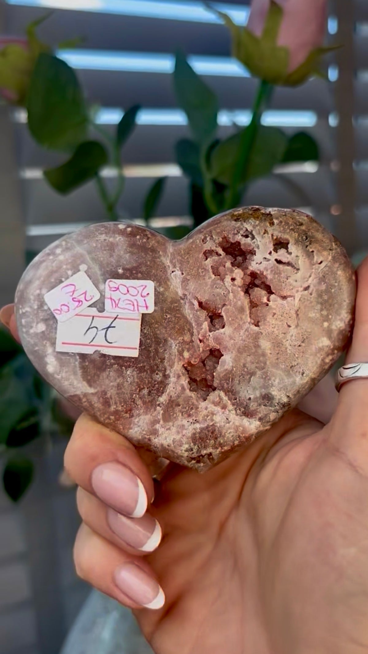 Gorgeous, pink amethyst heart - comes with stand