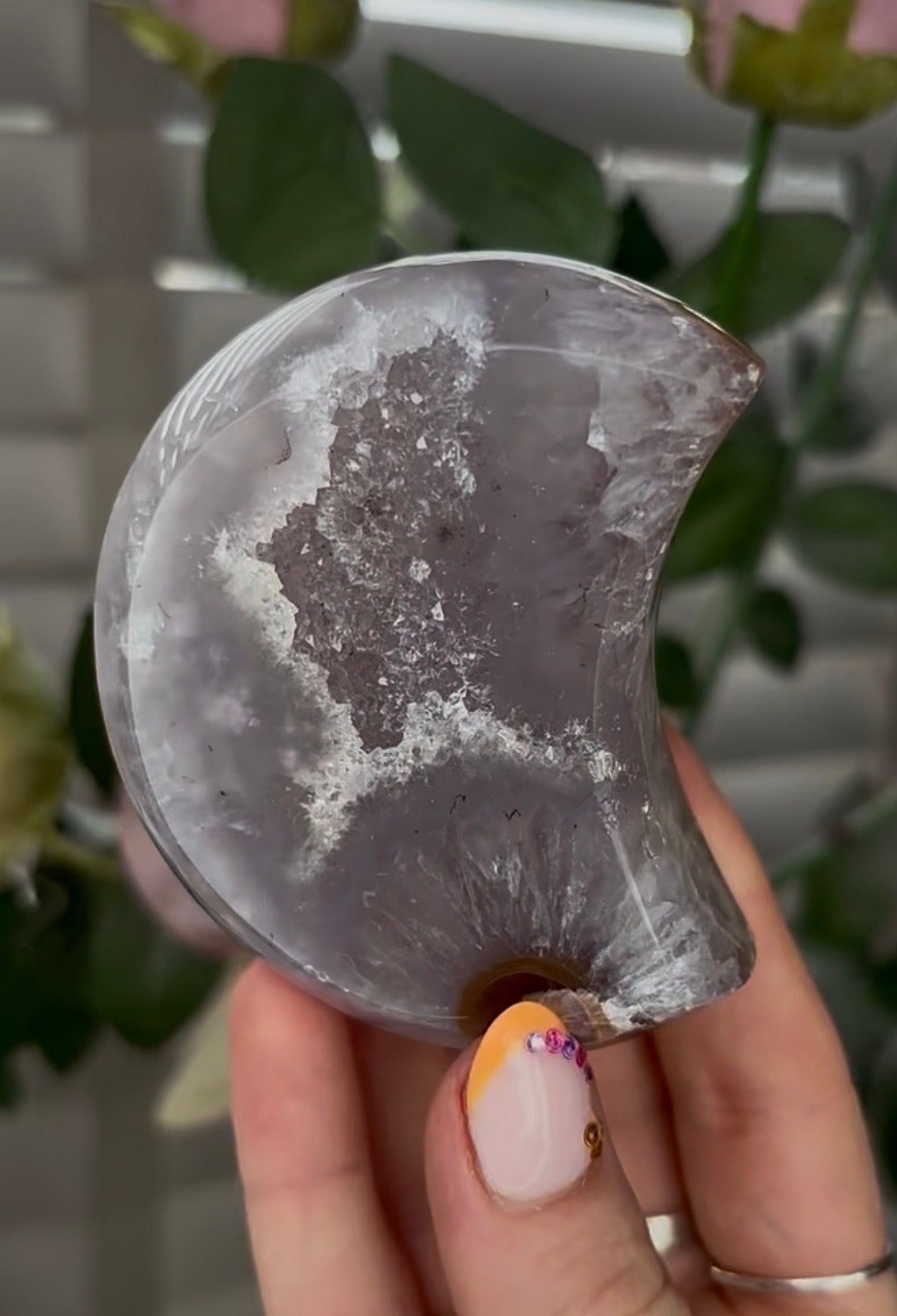 Beautiful, high grade, agate moon with druzy - comes with stand