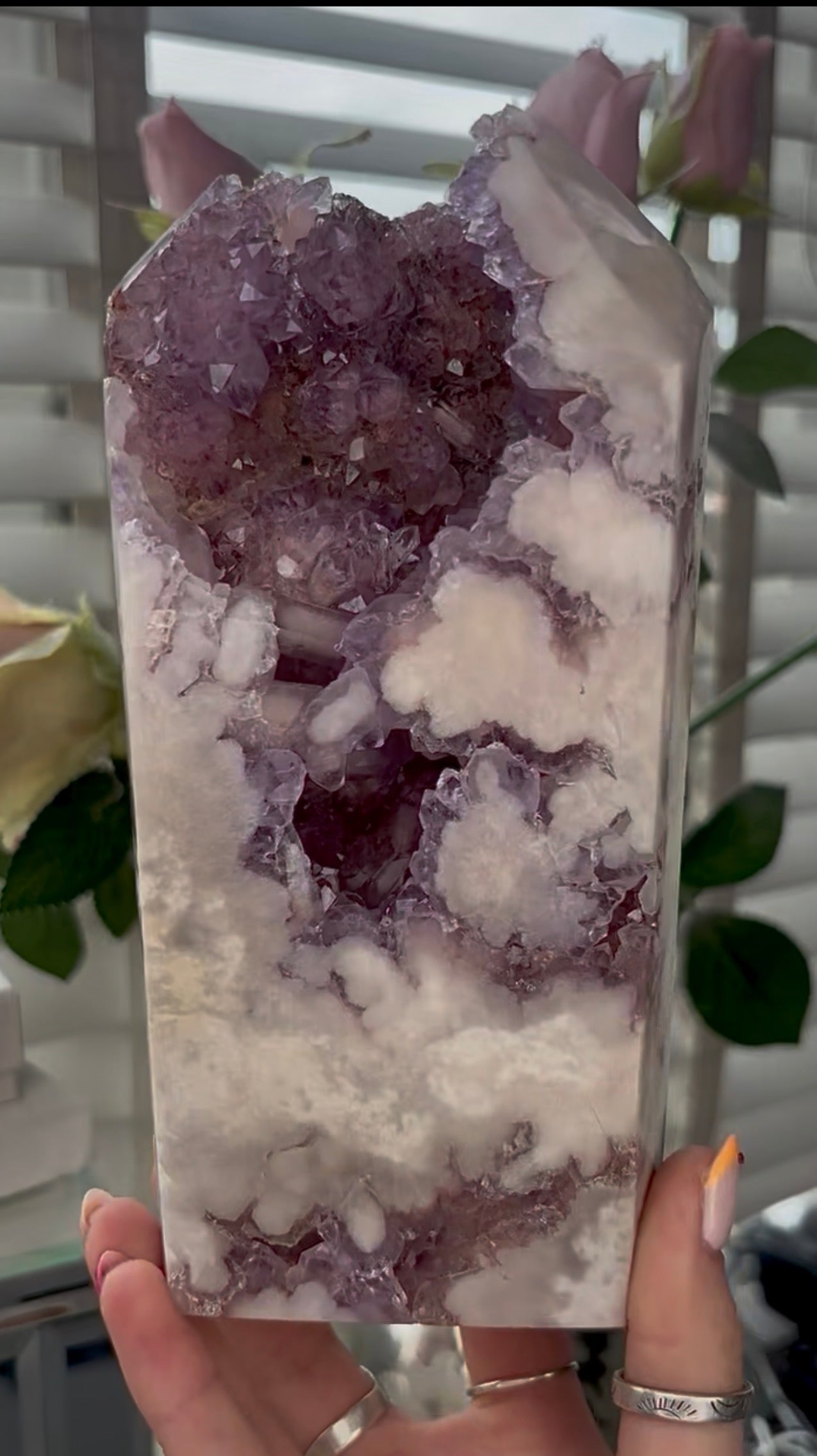 Huge, High quality, Pink amethyst tower, with purple quartz druzy