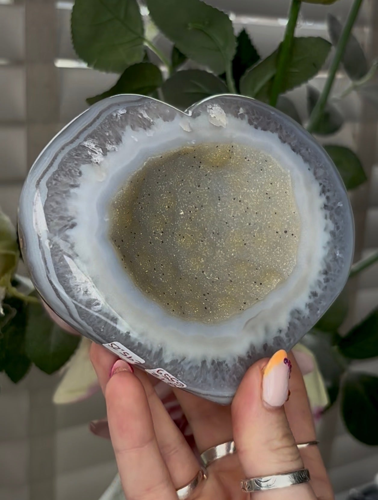 Beautiful, high grade, agate heart with druzy - comes with stand