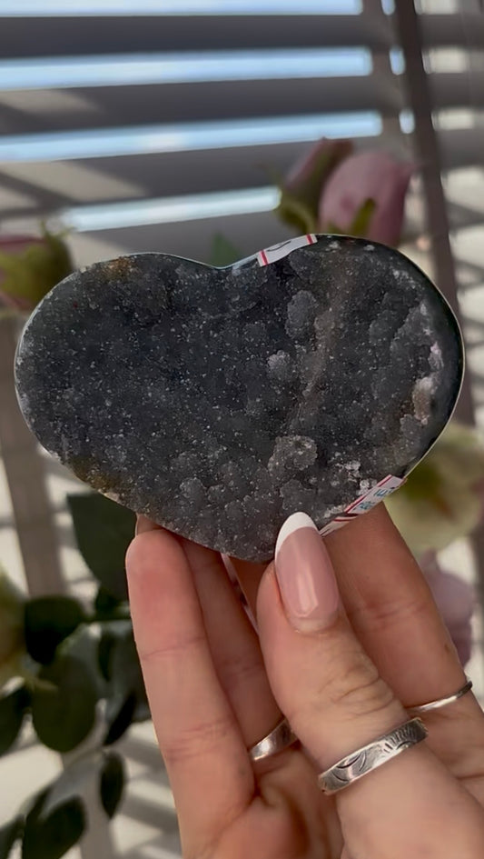 Uruguay, rainbow amethyst heart in dark grey tones - comes with stand
