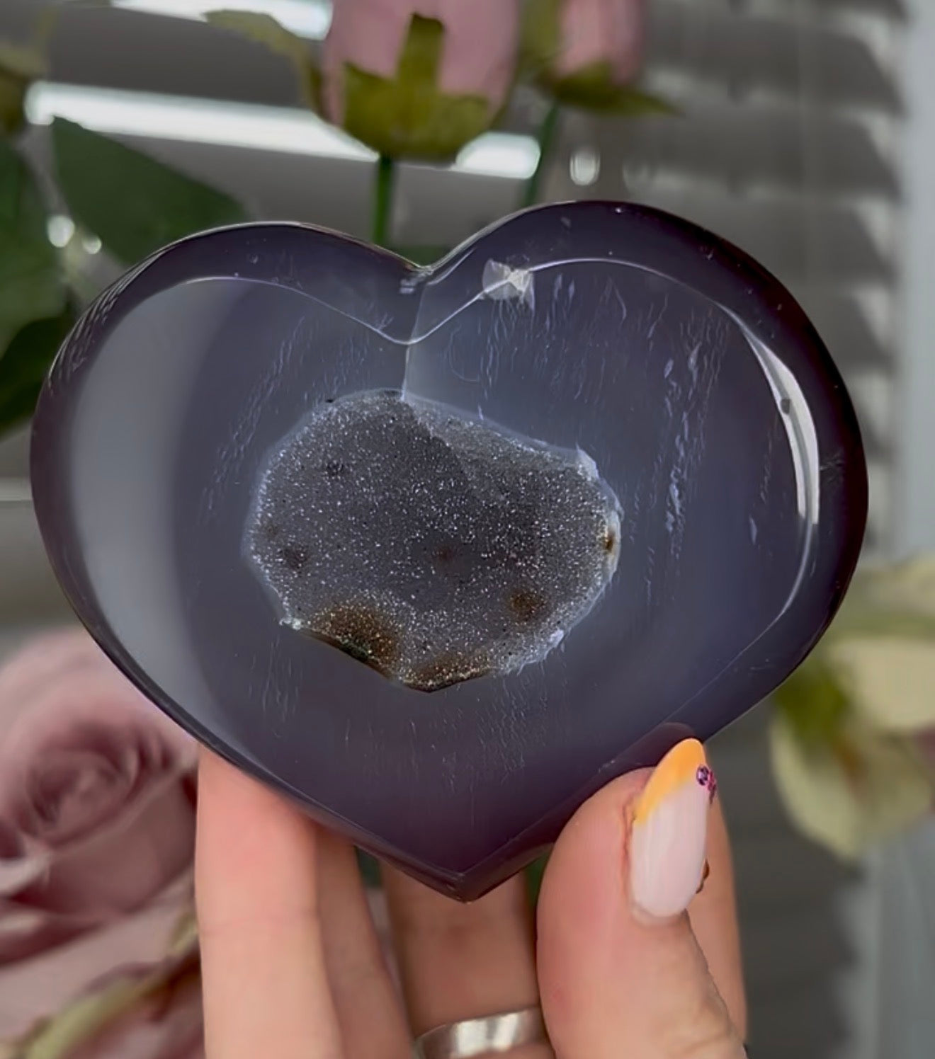 Beautiful, high grade, blue agate heart with druzy - comes with stand