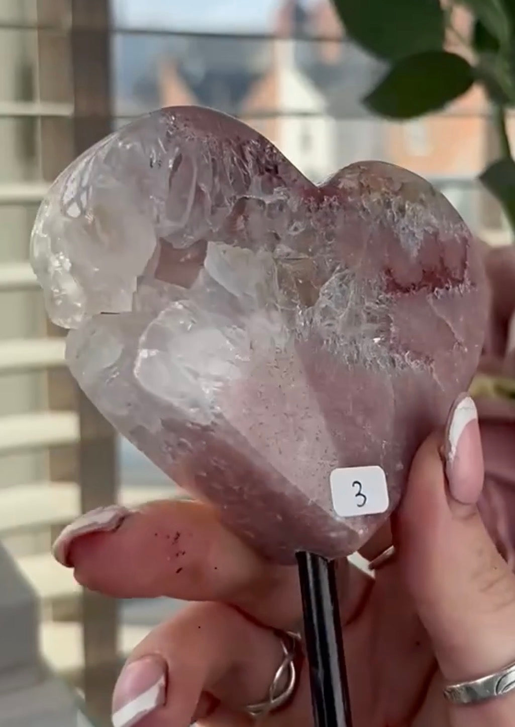 High quality pink amethyst heart with quartz - comes with stand
