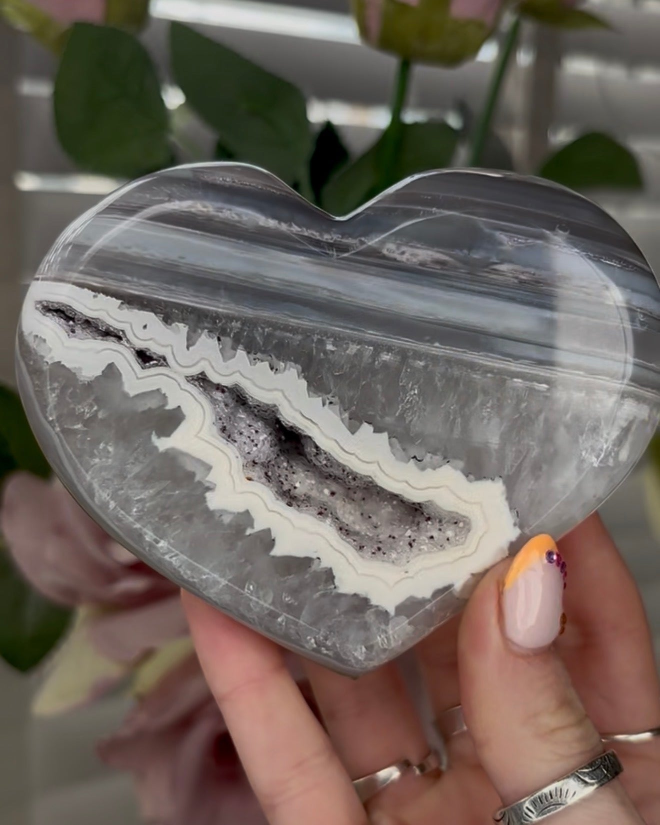 Beautiful, high grade, blue banded agate heart with druzy - stand included