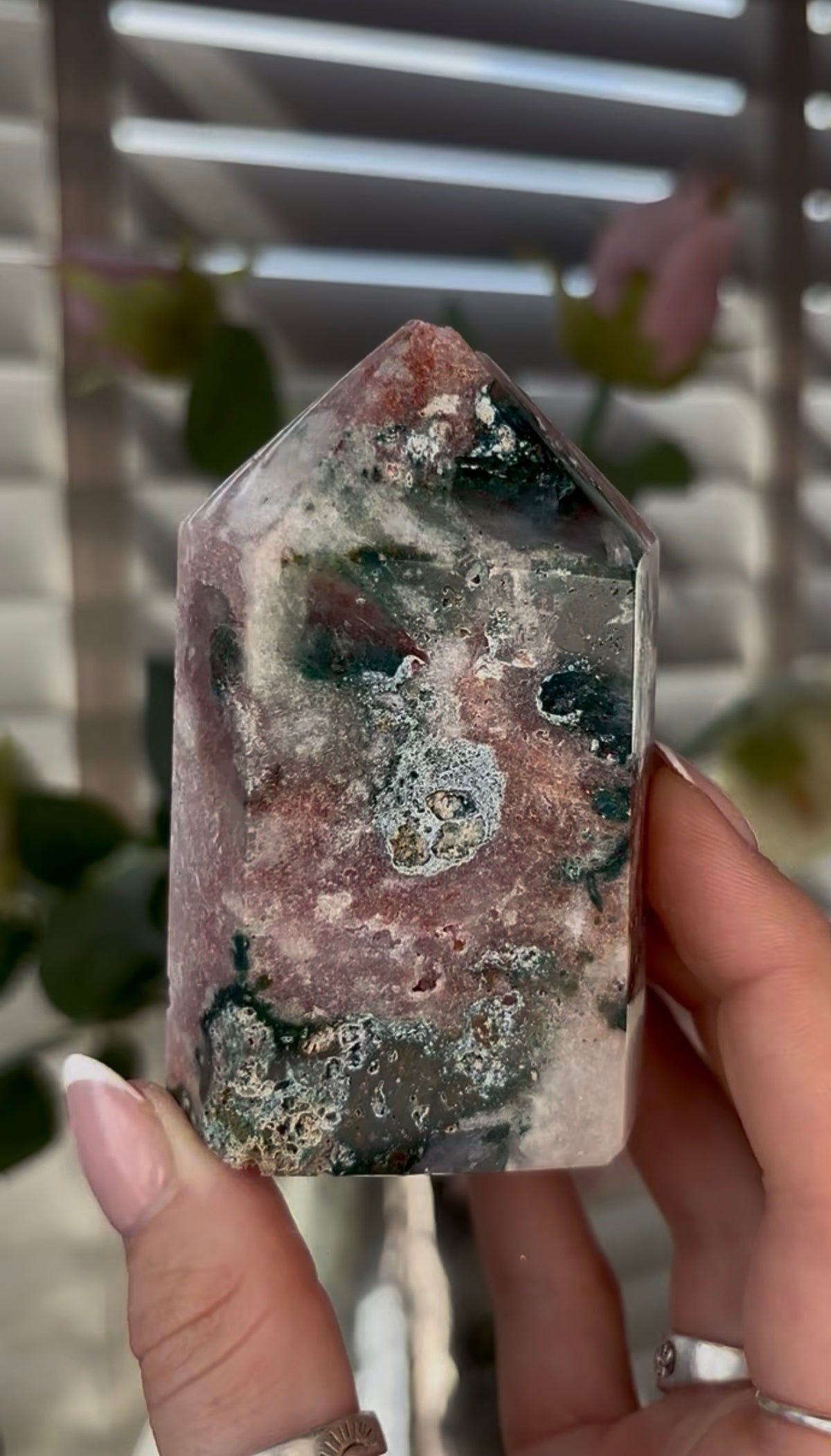 Beautiful, Pink amethyst tower with Jasper 8.5cm(h) by 5cm(w)