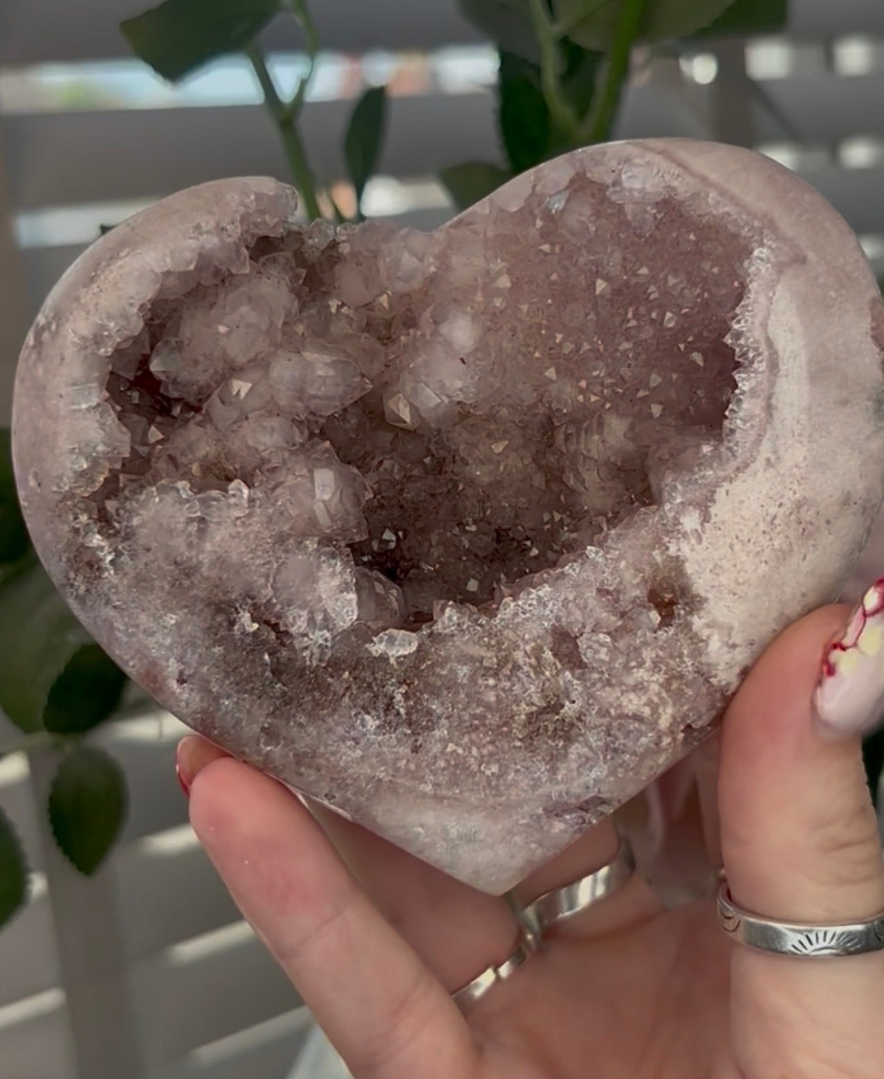 Beautiful pink amethyst heart - comes with stand (11cm)