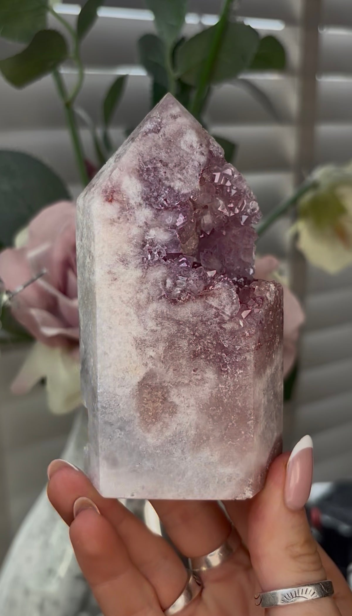 Beautiful, hq, druzy, Pink amethyst tower 11cm(h) by 6cm(w)