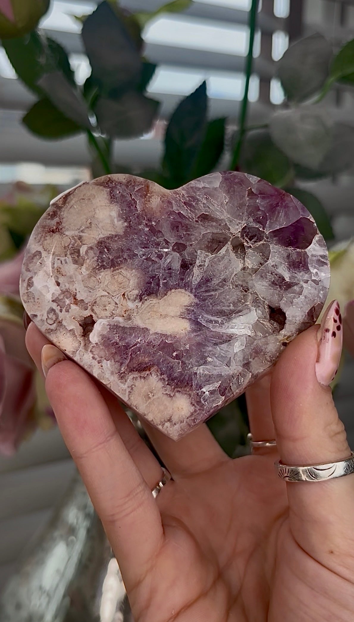 High grade, Amethyst Flower agate heart with stand