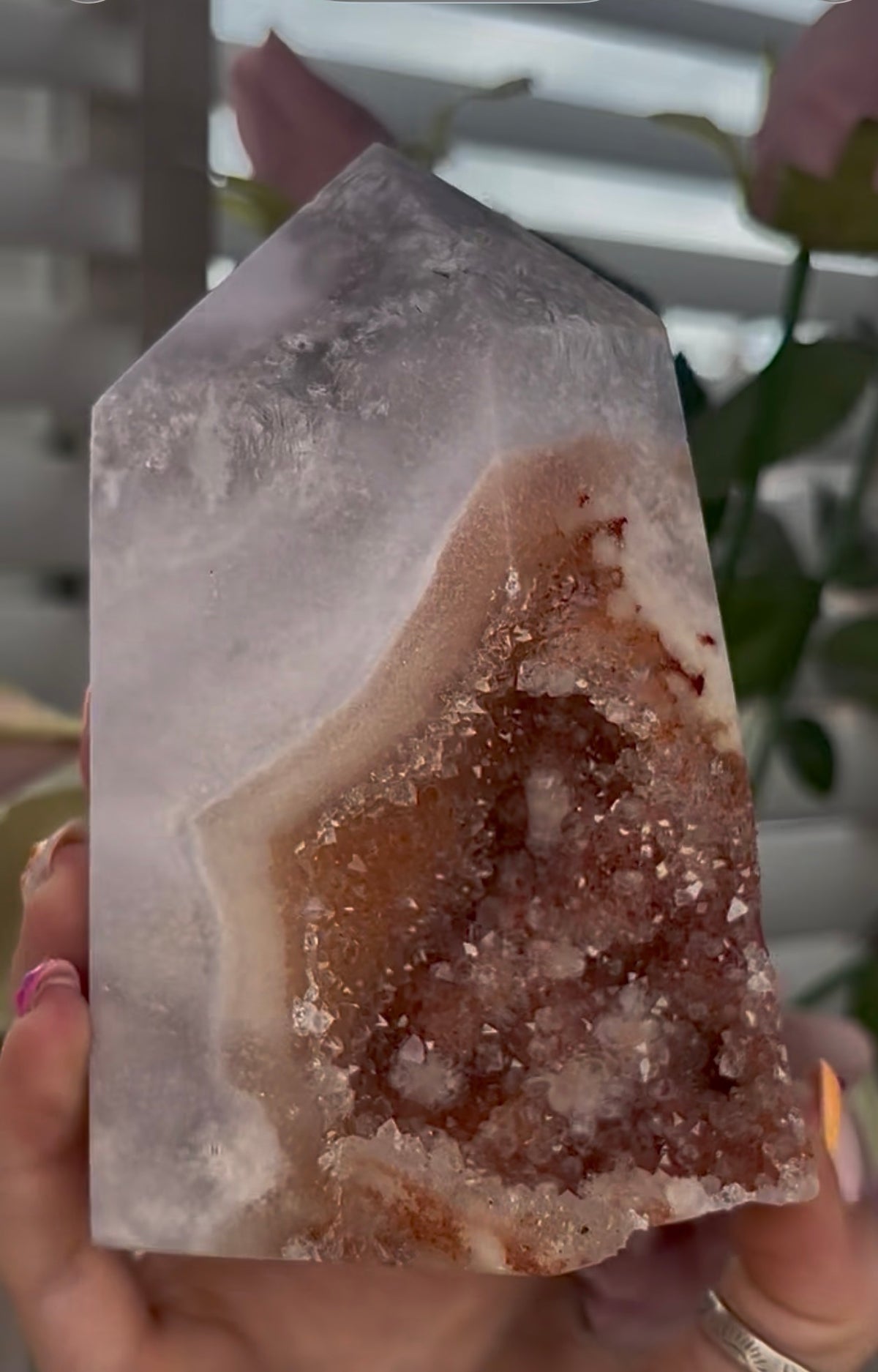 Large, High quality, Pink amethyst tower, with orange druzy