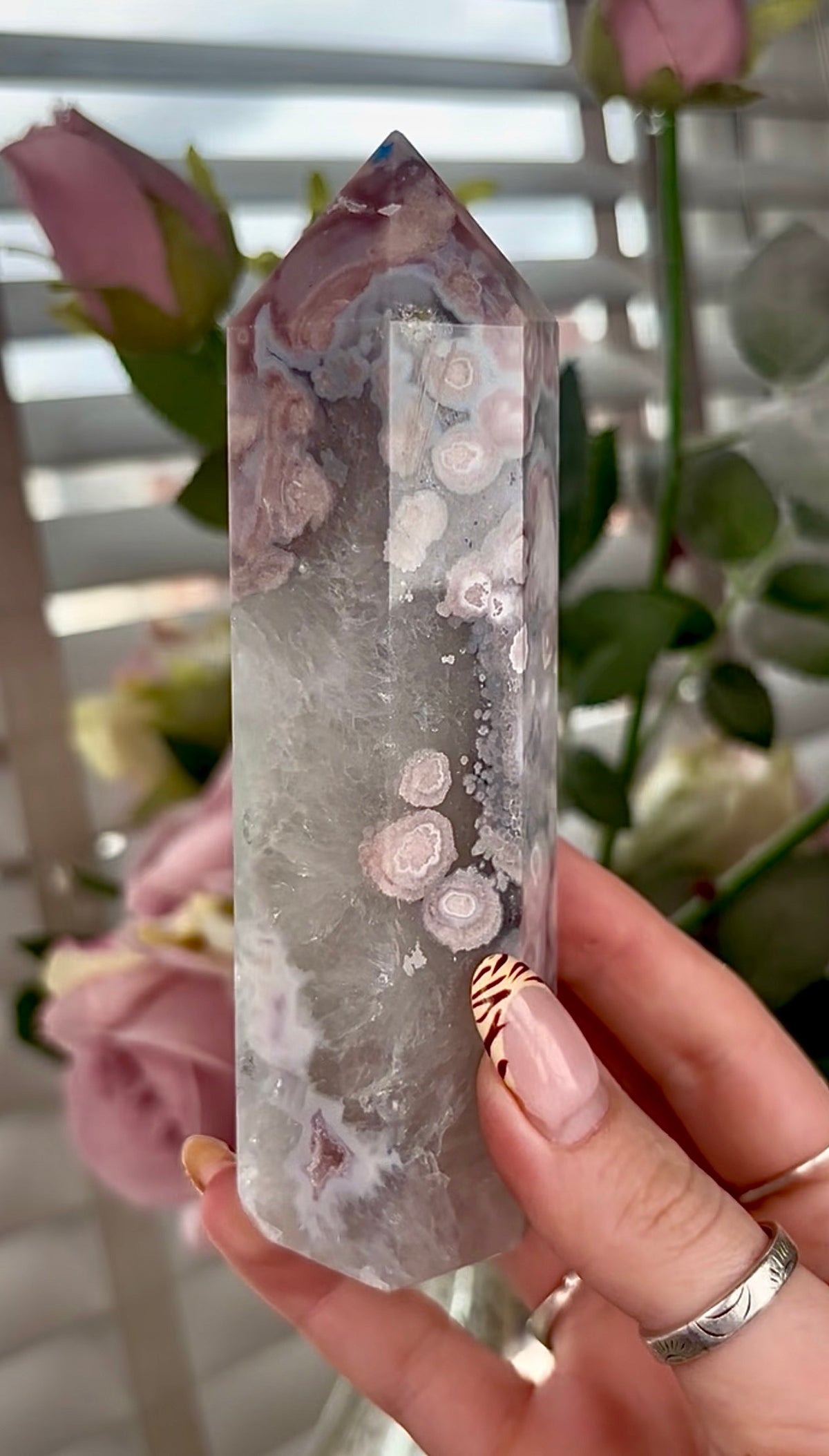 Stunning!! Super high quality, Druzy, green chlorite x blue flower agate tower