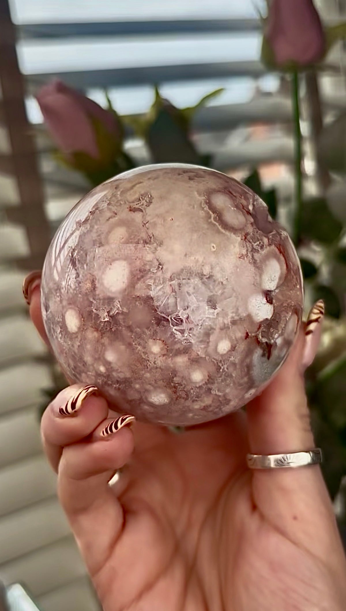 High grade, amethyst Flower agate sphere with druzy quartz- 7.2cm wide