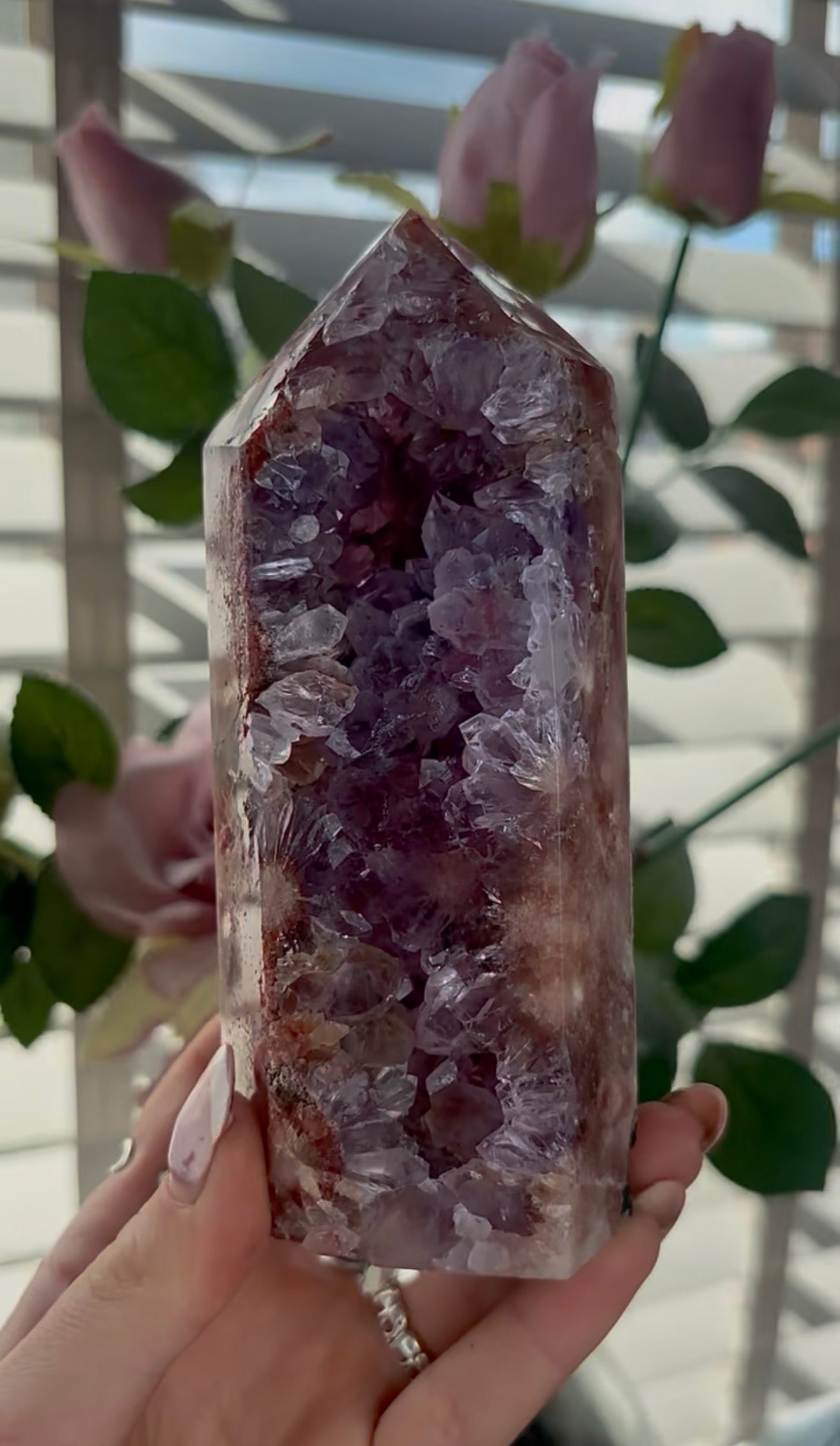 Beautiful, high quality, Pink amethyst tower with purple quartz