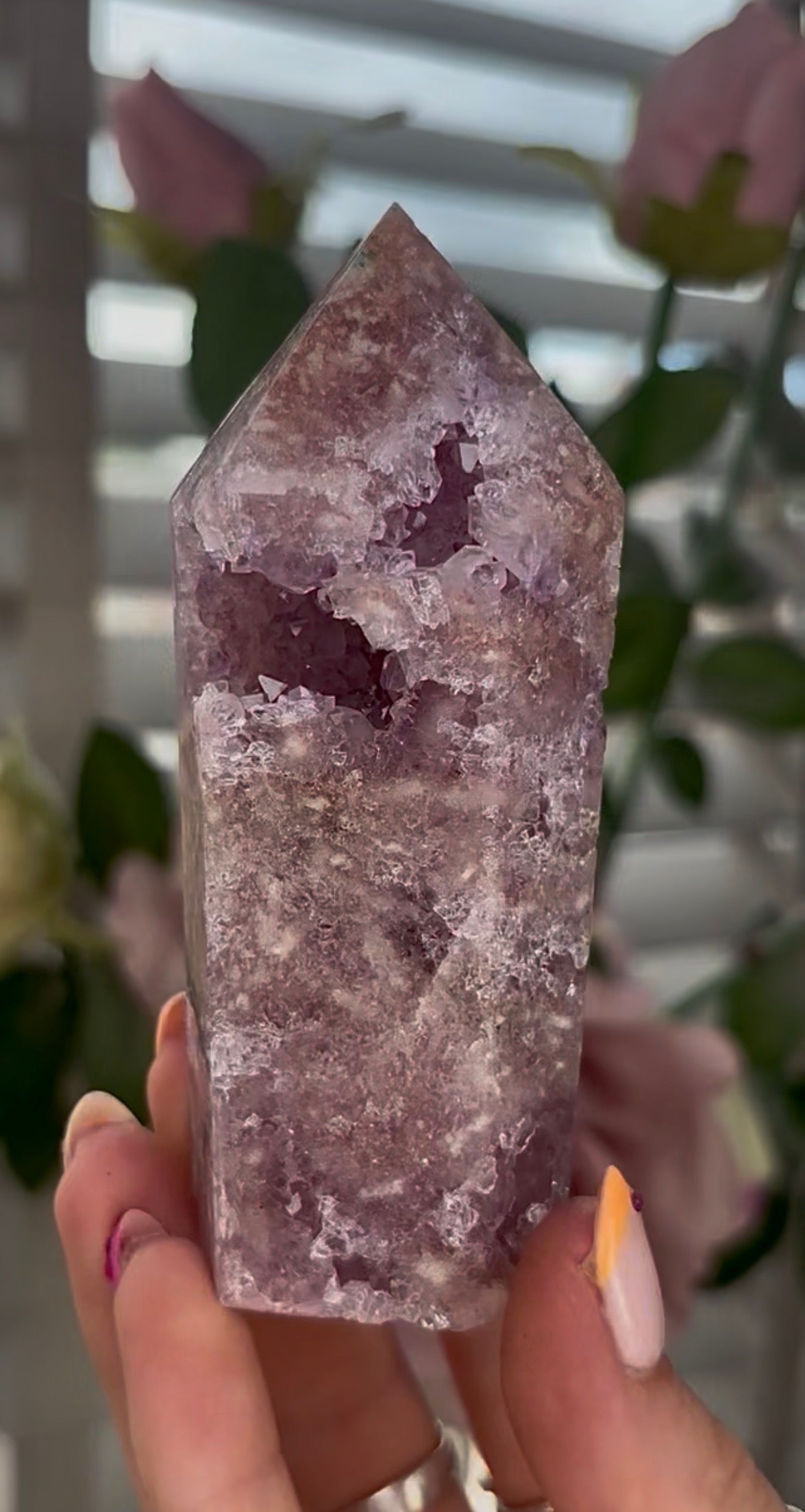 Pretty, Pink amethyst tower, with lilac quartz druzy