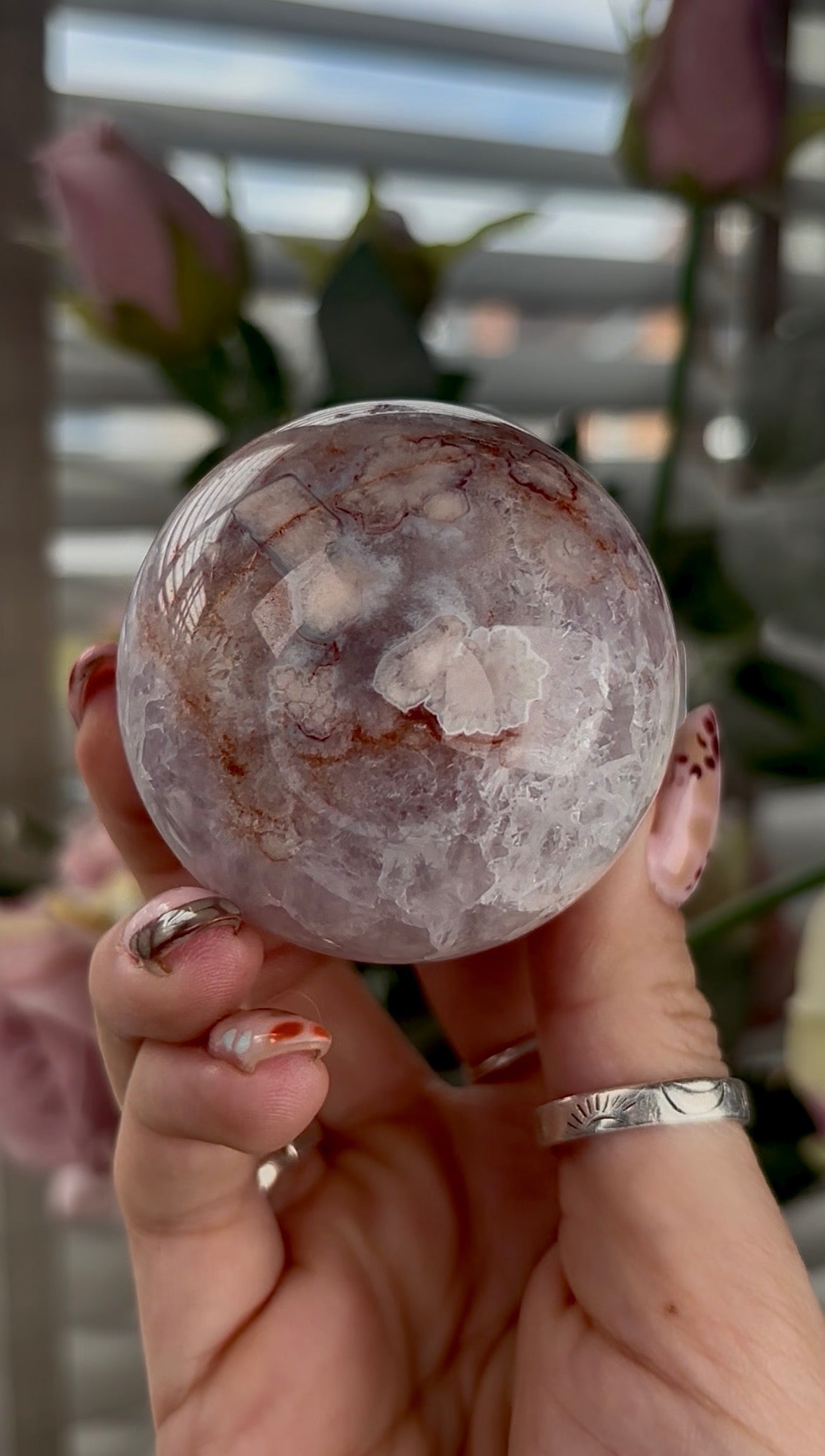 High grade, amethyst Flower agate sphere with high clarity quartz - 5.5cm