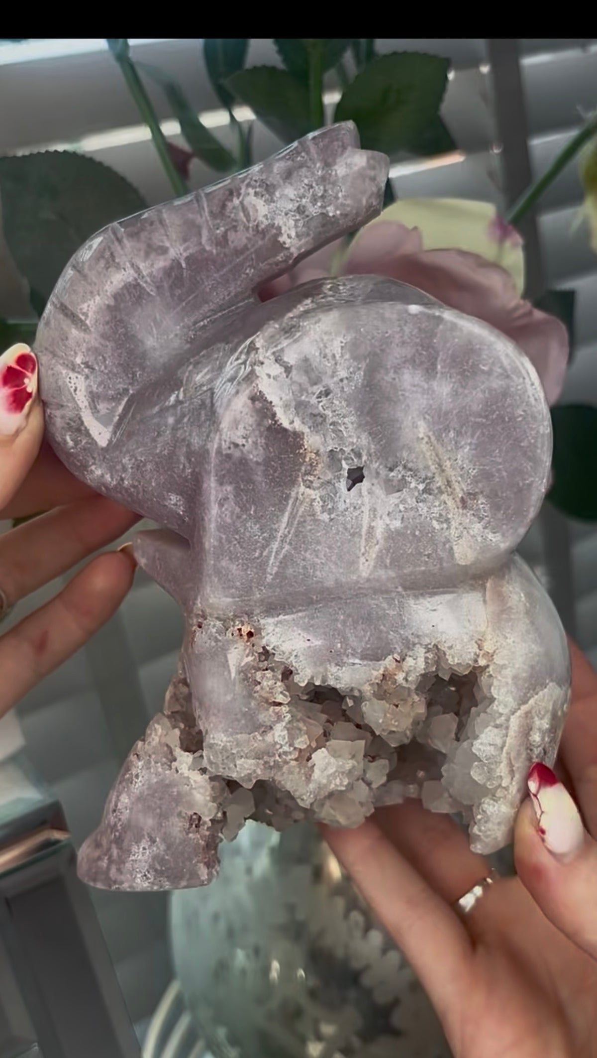 High grade, pink amethyst elephant carving with chunky druzy