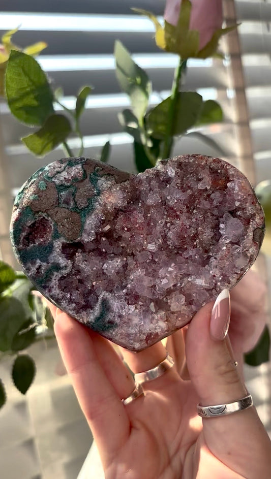 Gorgeous, hq, druzy pink amethyst heart with Jasper - comes with stand