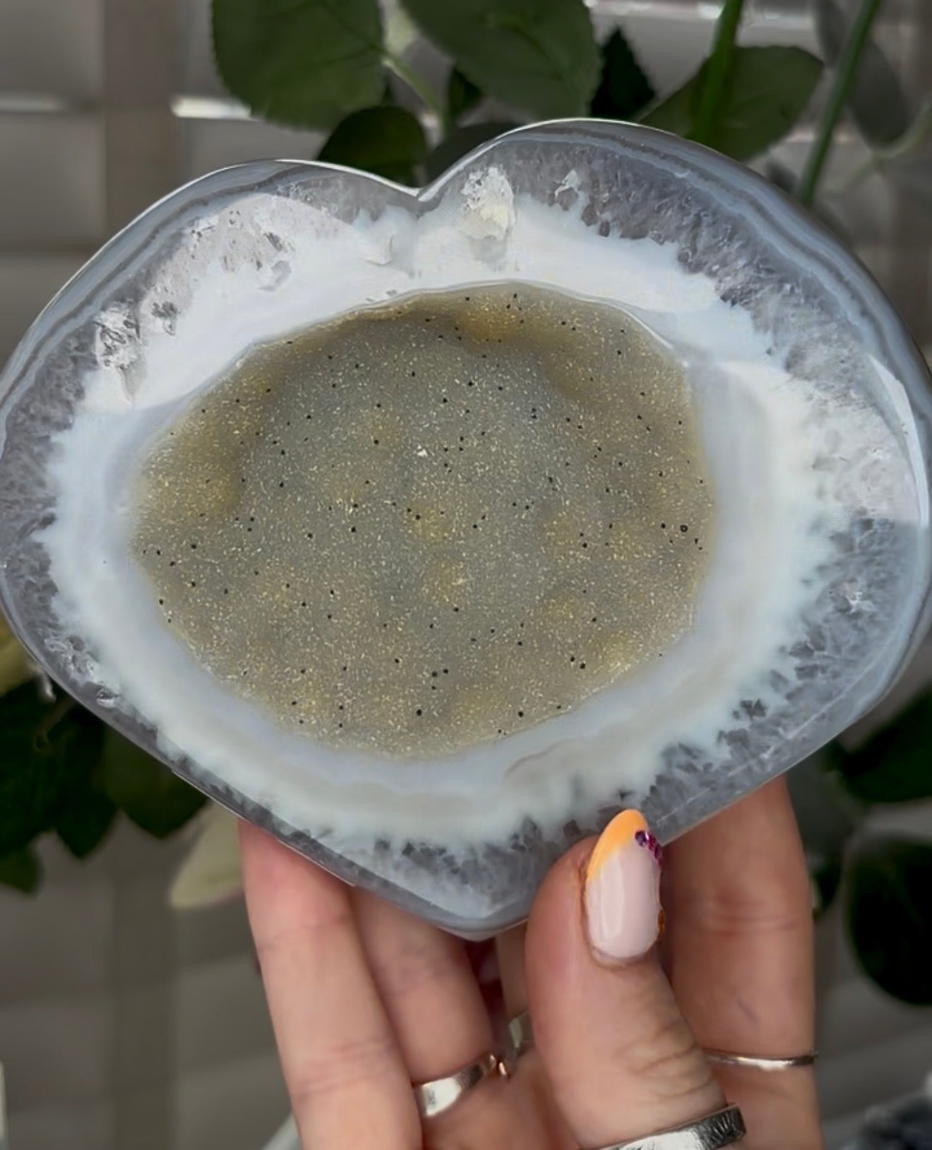 Beautiful, high grade, agate heart with druzy - comes with stand
