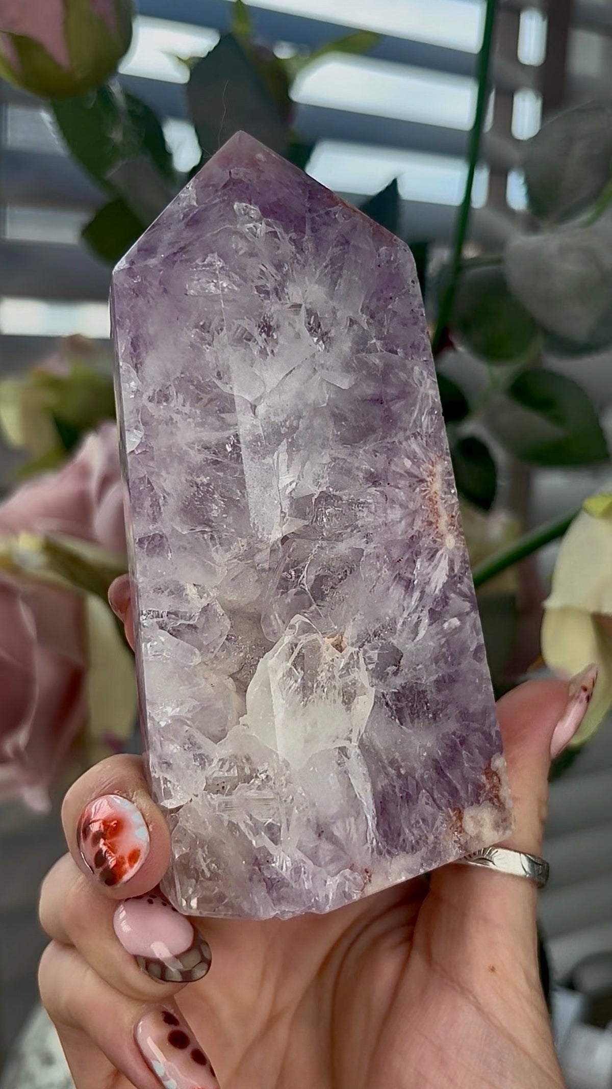 High grade, Amethyst Flower agate tower 13cm by 6cm
