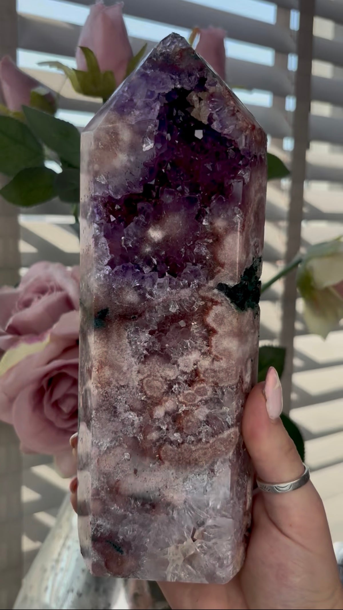 Beautiful, high quality, huge, Pink amethyst tower with purple quartz & Green jasper - 22cm