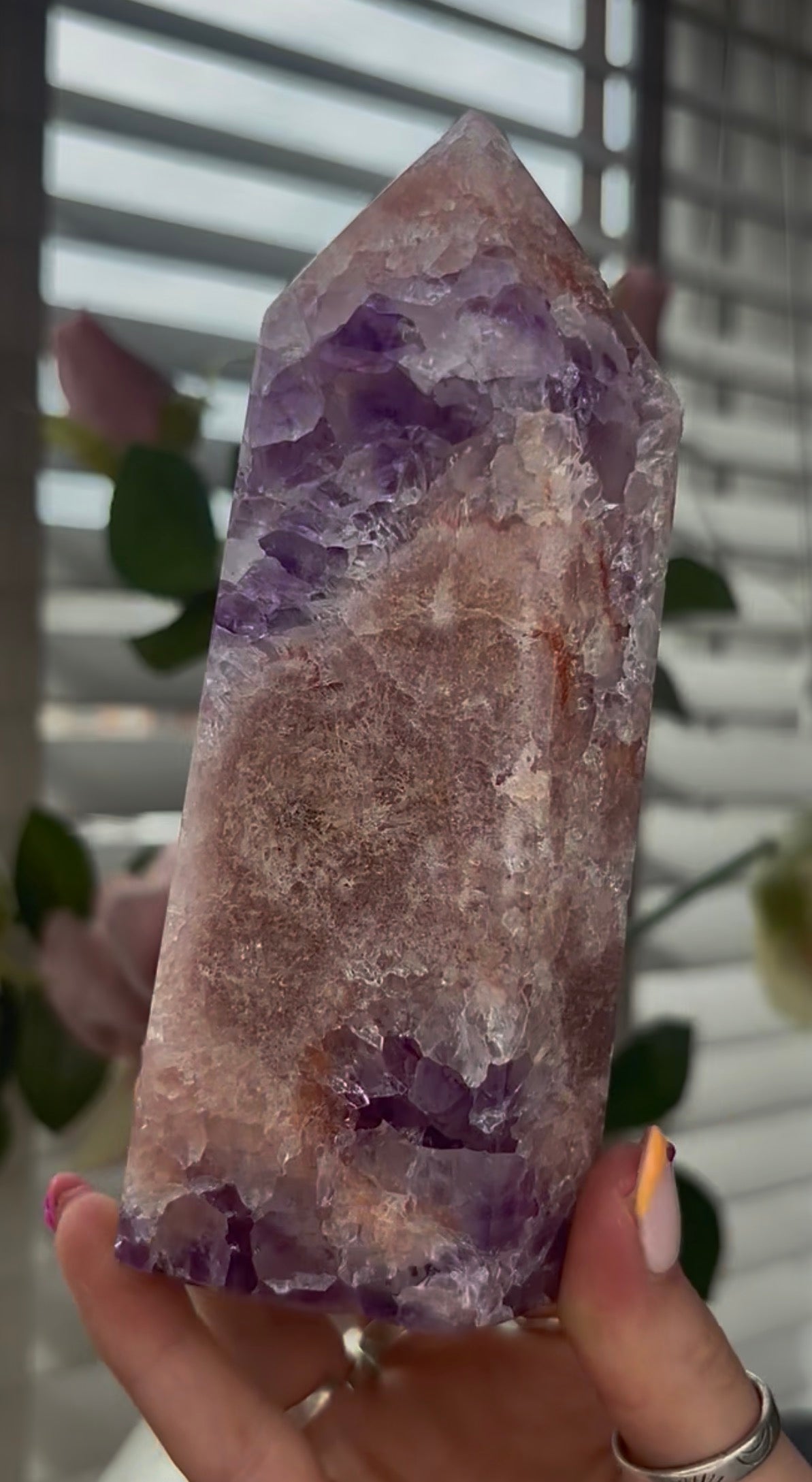 Beautiful, large, high quality, Pink amethyst tower with purple quartz