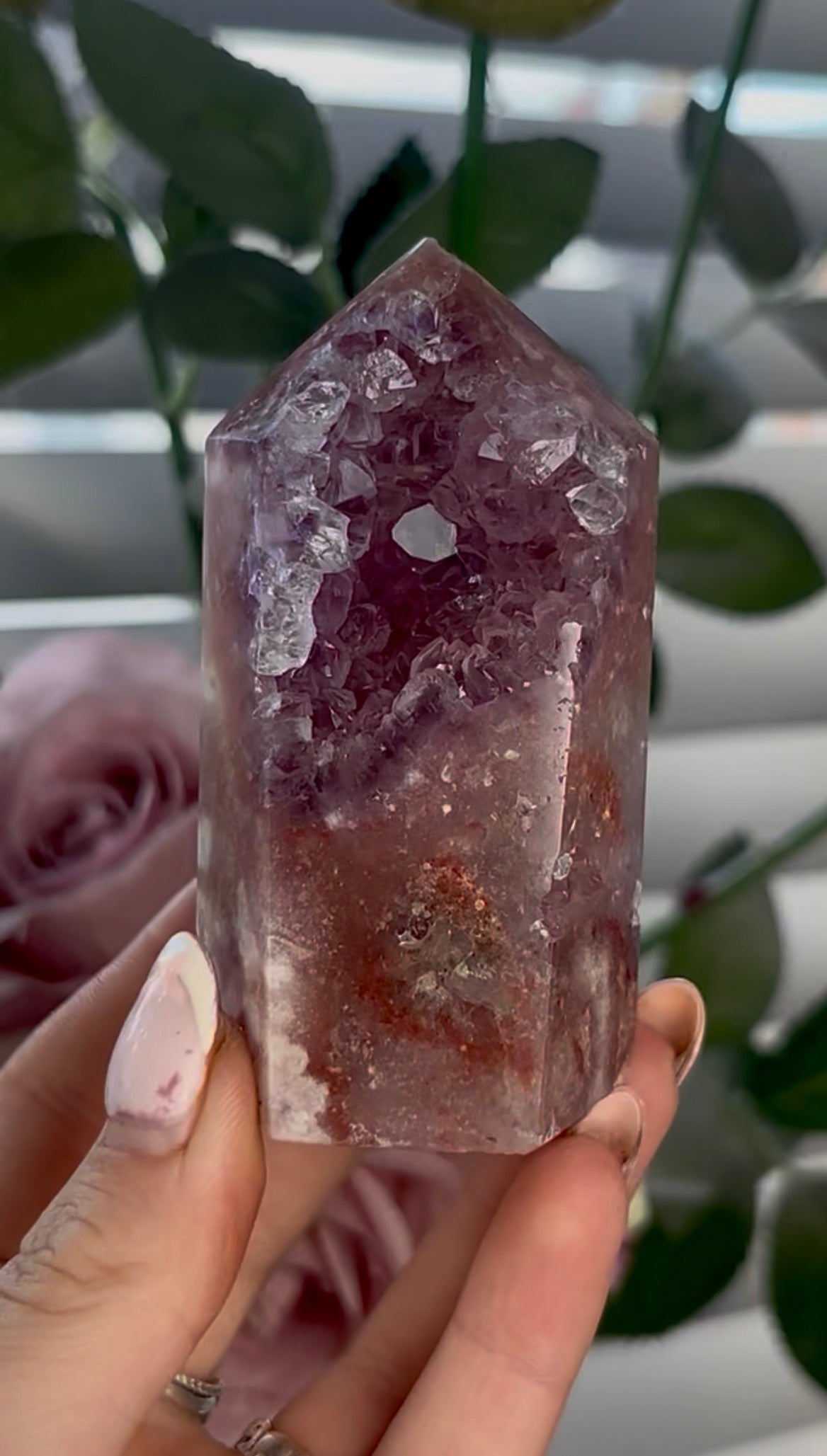Beautiful, high quality, Pink amethyst tower with purple quartz