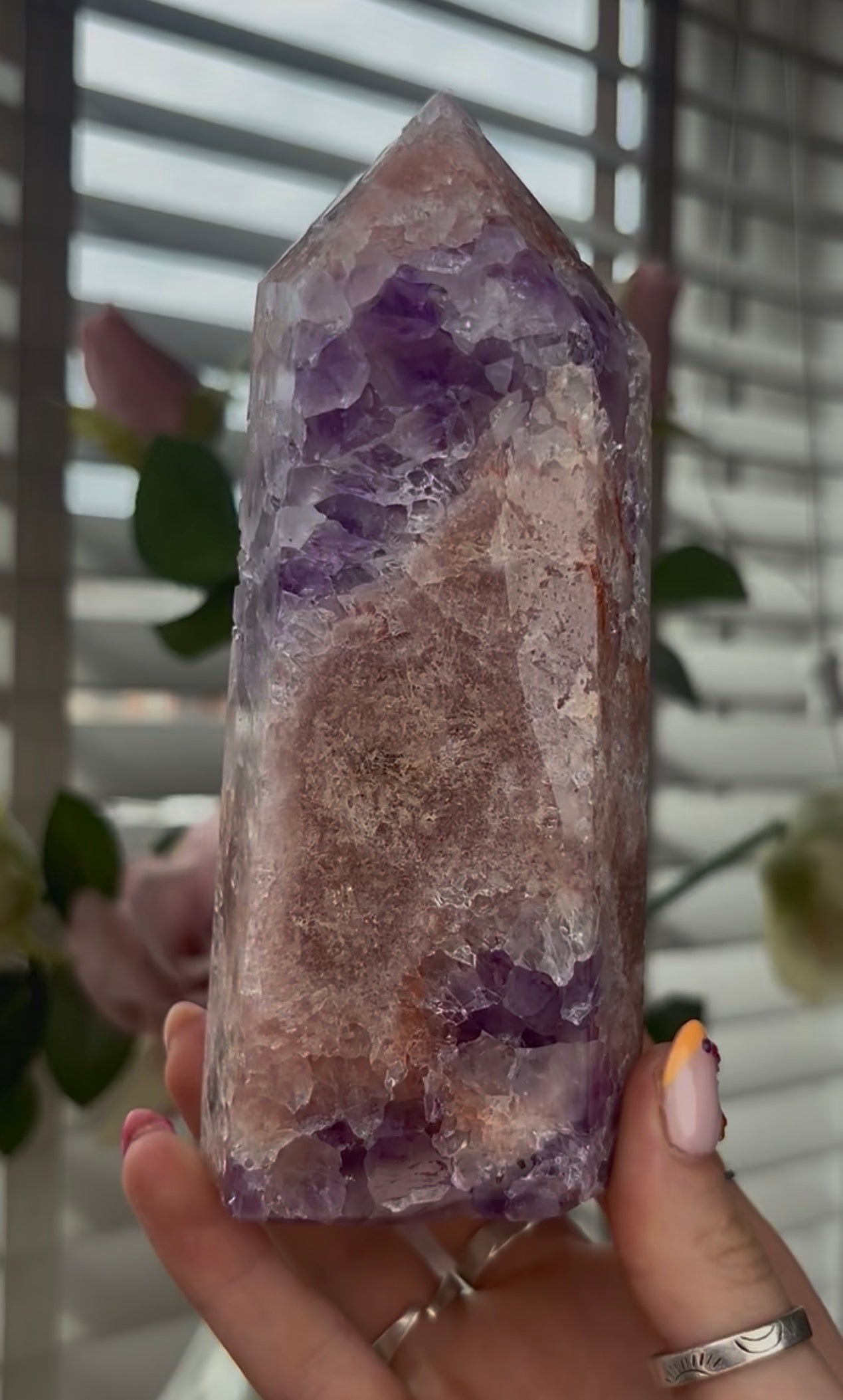 Beautiful, large, high quality, Pink amethyst tower with purple quartz