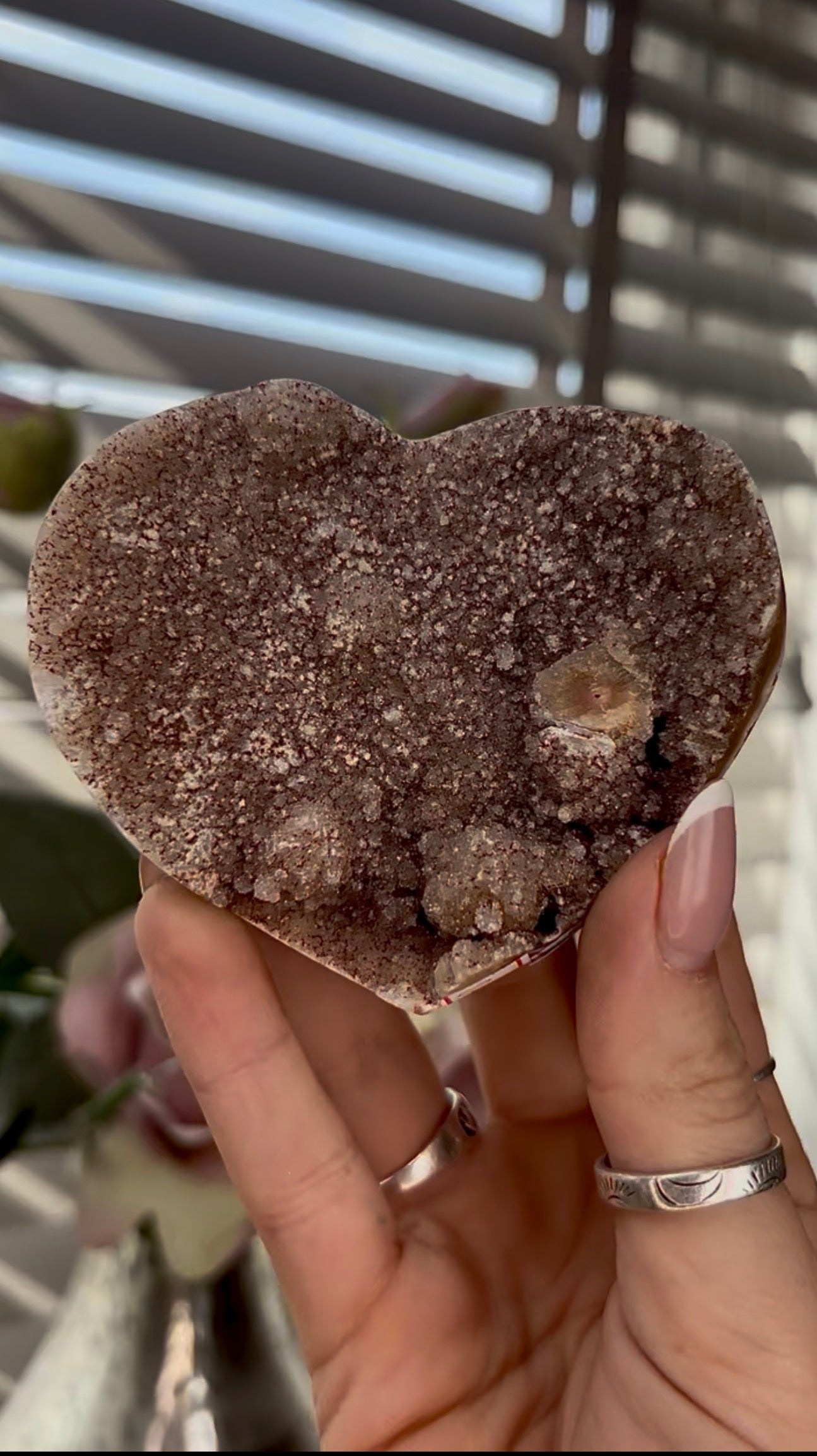 Uruguay, rainbow amethyst heart in rusty tone - comes with stand
