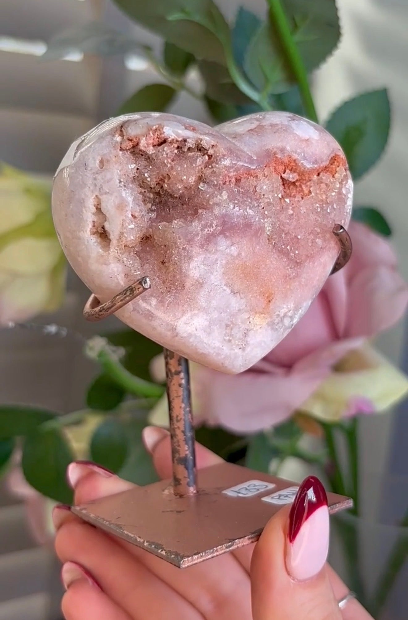 pink amethyst heart - comes with stand