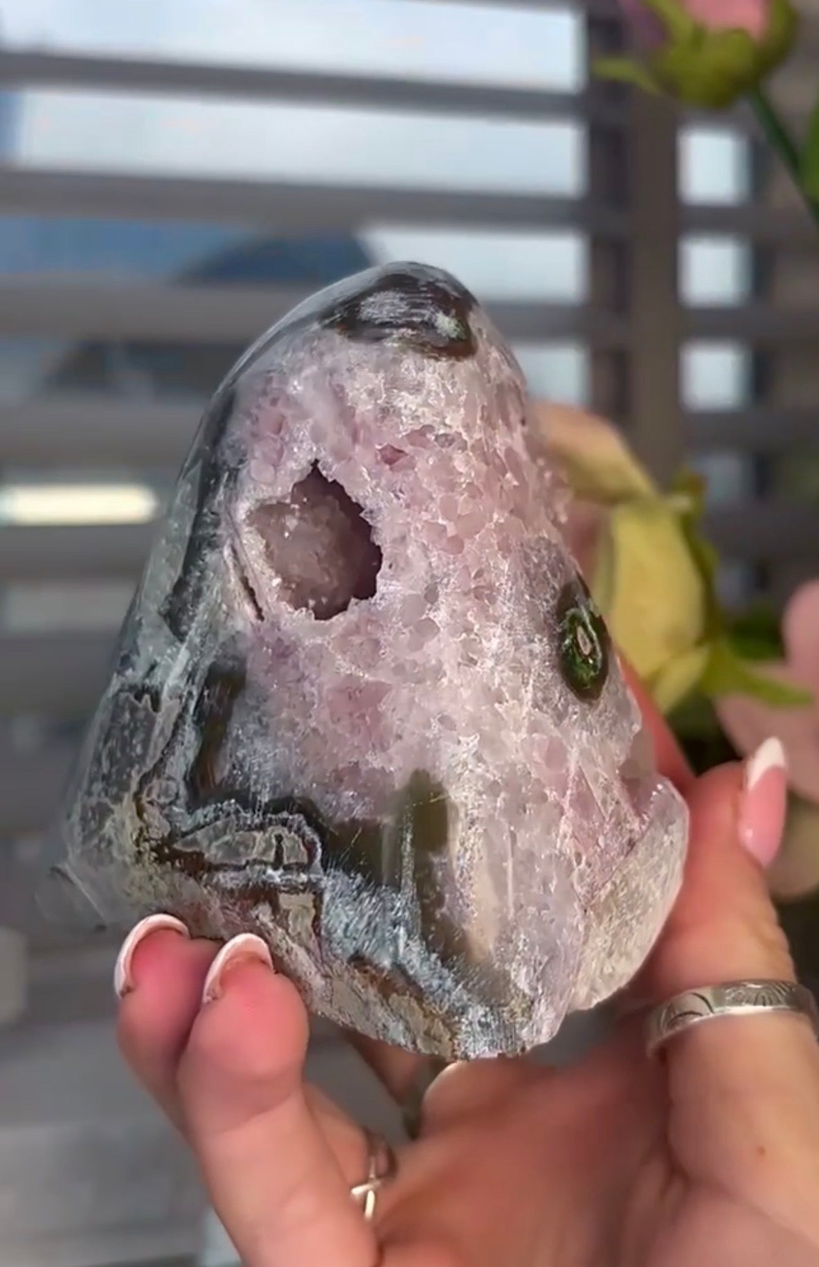 High quality, pink toned, rainbow amethyst on a calcite cutbase with stalactite eye