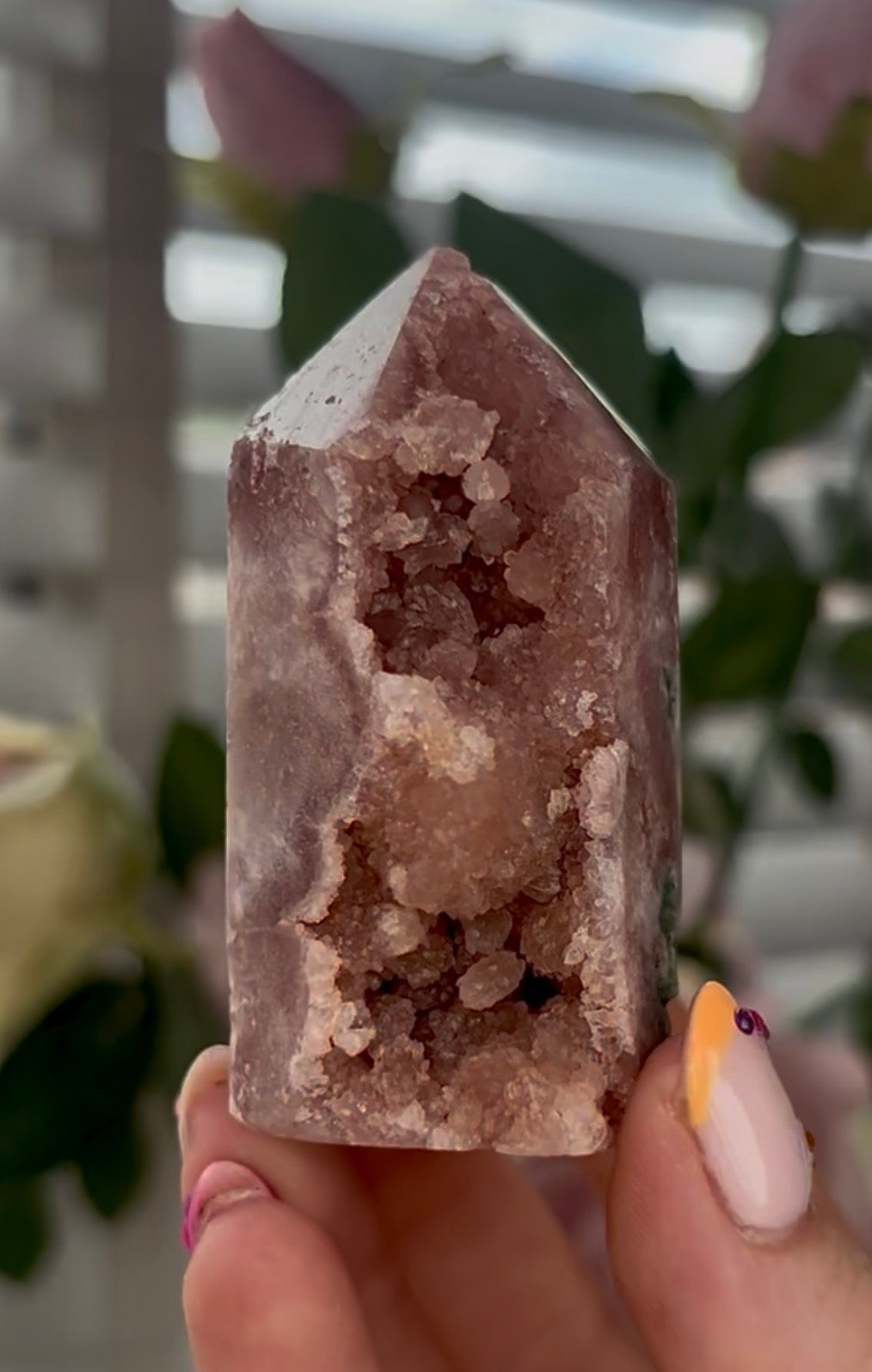 Small, Pink amethyst tower with druzy