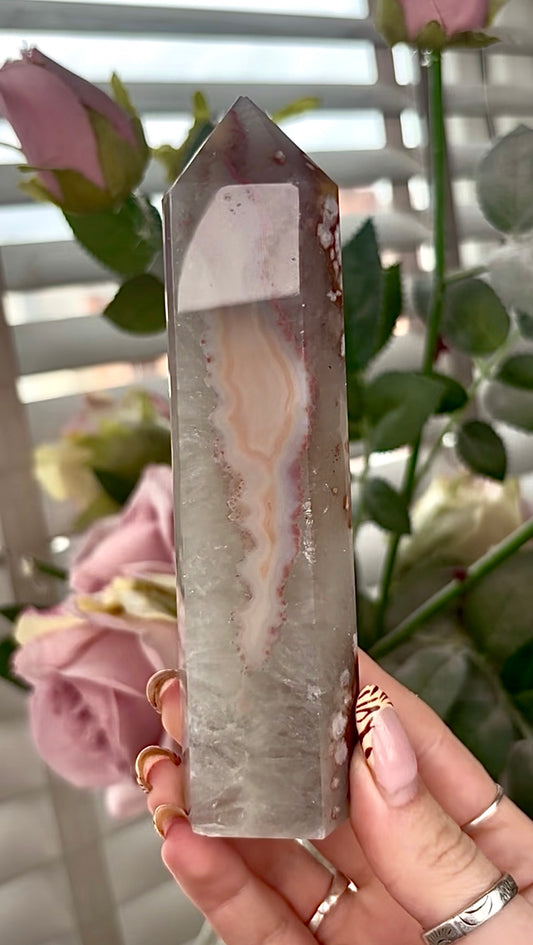 Stunning!! Super high quality, Druzy, green chlorite x blue flower agate tower