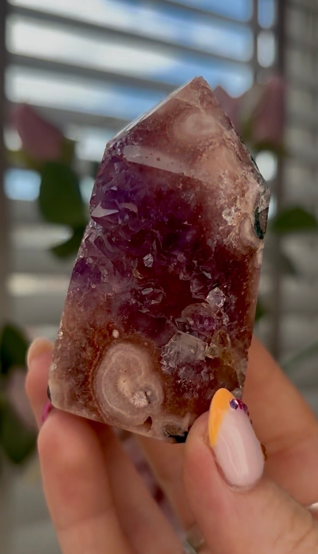 Beautiful, high quality, Pink amethyst tower with purple druzy & green jasper 6.8cm by 4cm