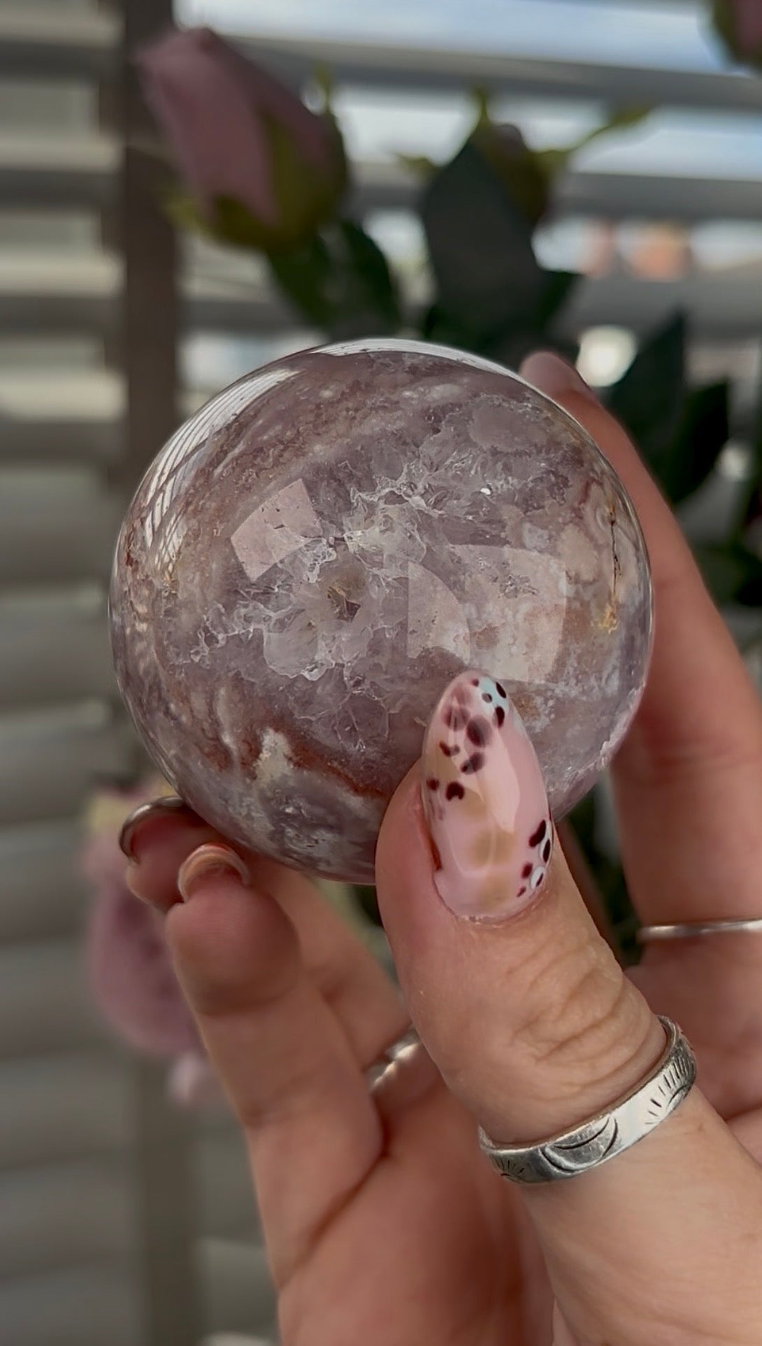 High grade, Pink amethyst Flower agate sphere with druzy quartz- 5.5cm