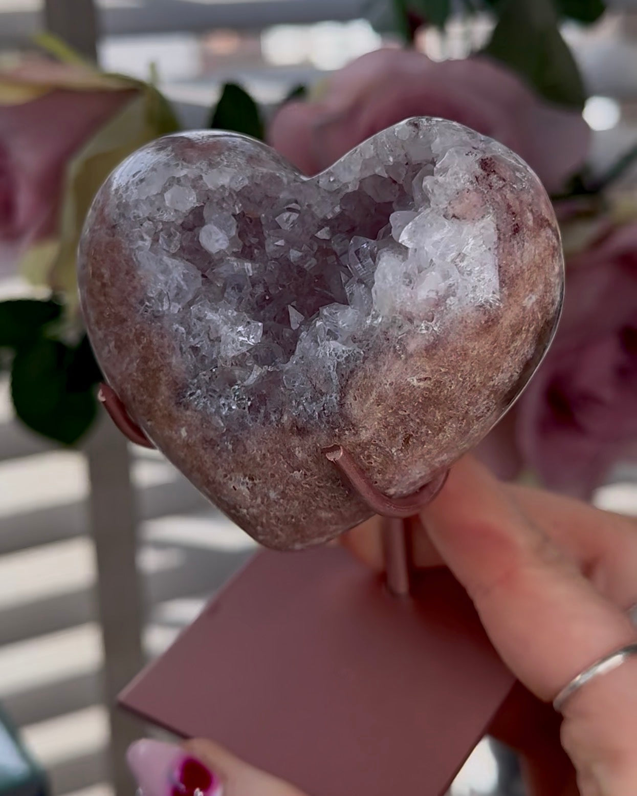 Hq pink amethyst heart with druzy - comes with stand