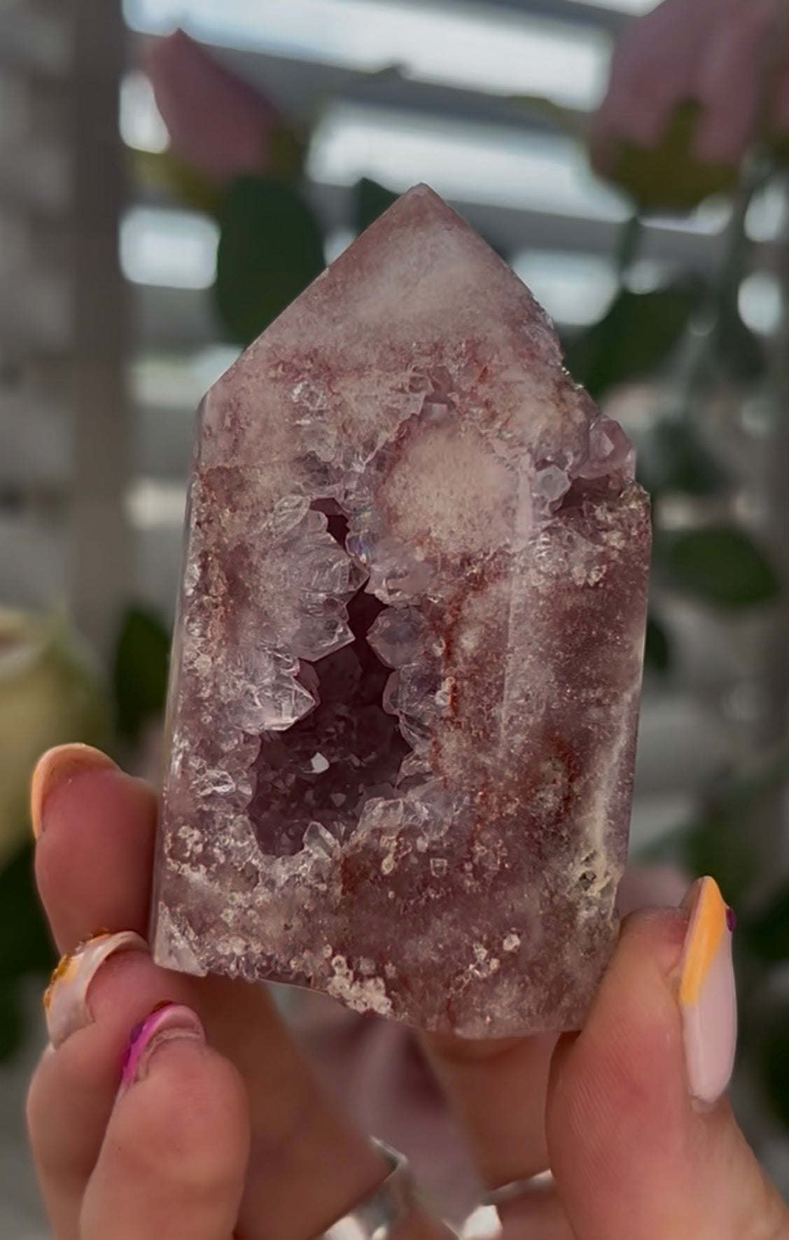 Beautiful, Pink amethyst tower with quartz druzy