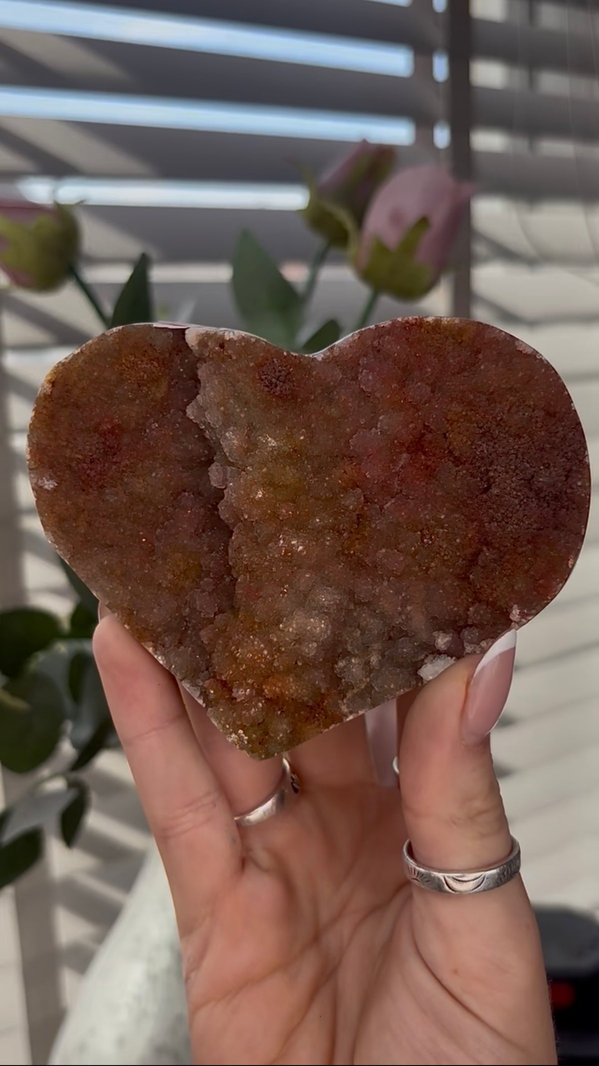 Uruguay, rainbow amethyst heart in rusty tone - comes with stand