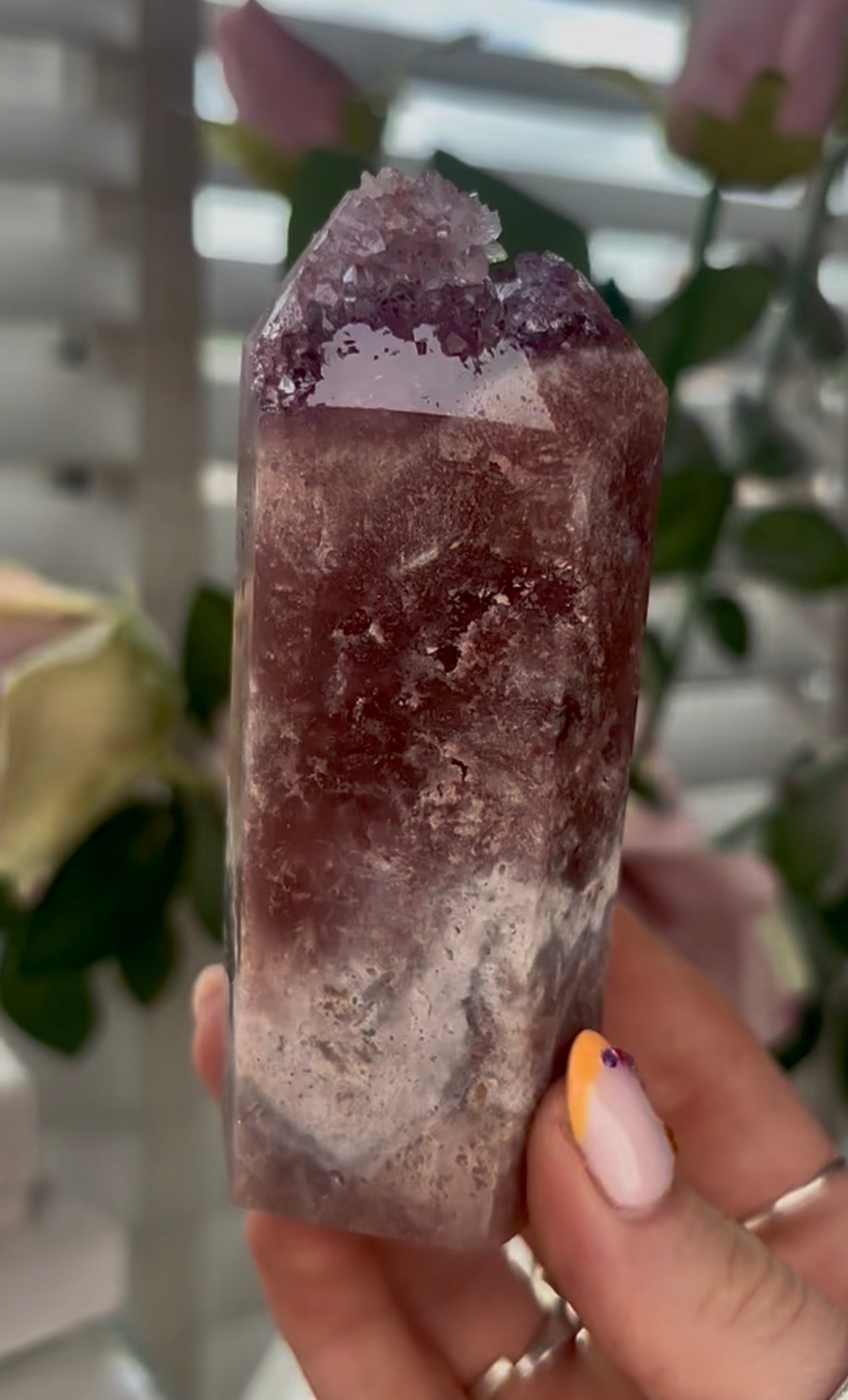 Pink amethyst tower with druzy