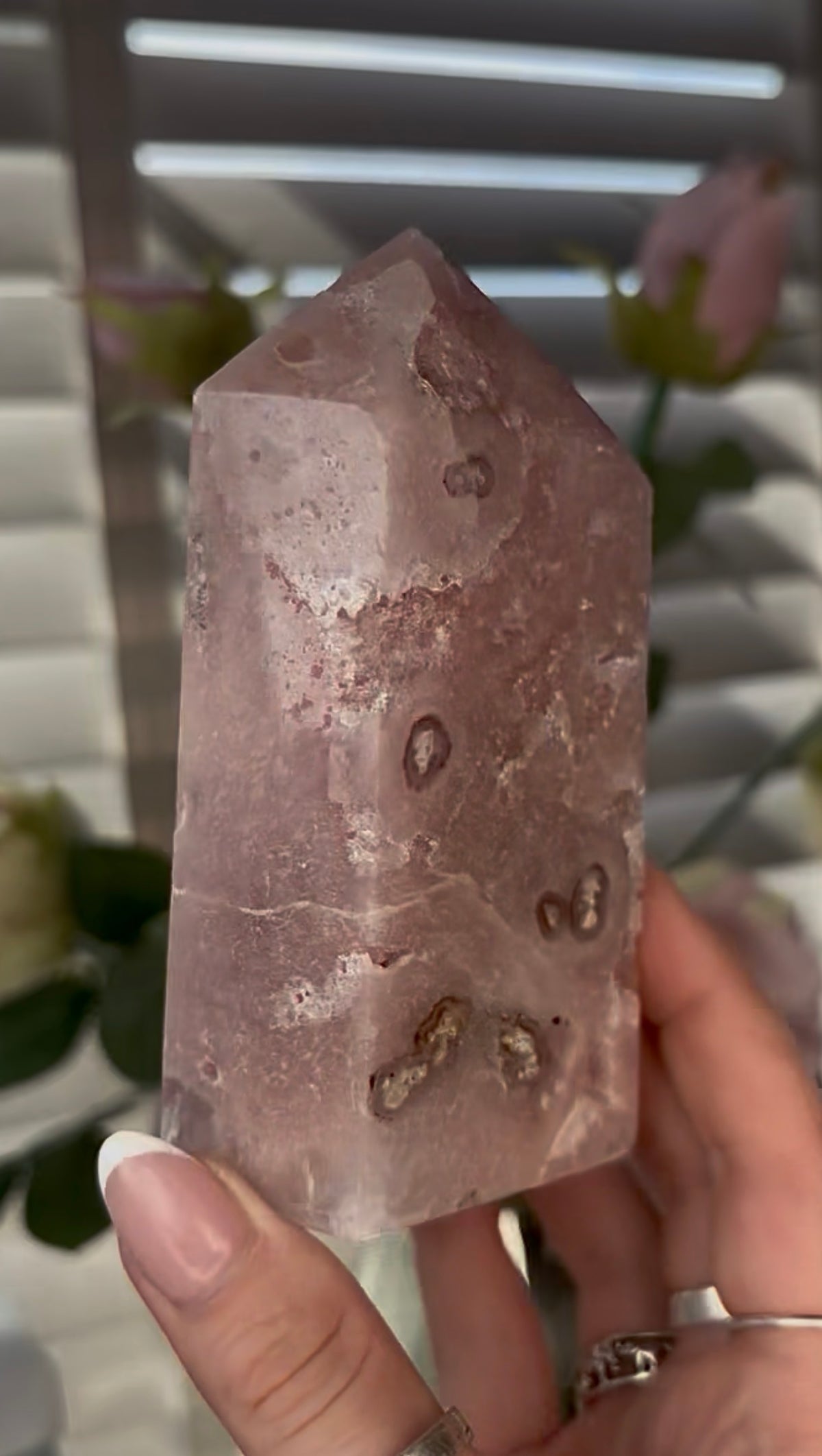 Beautiful, high quality, Pink amethyst tower 11.5cm(h) by 6cm(w)