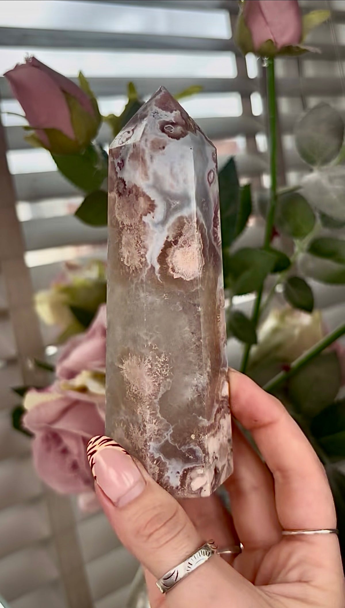 Stunning!! Super high quality, Druzy, green chlorite x blue flower agate tower