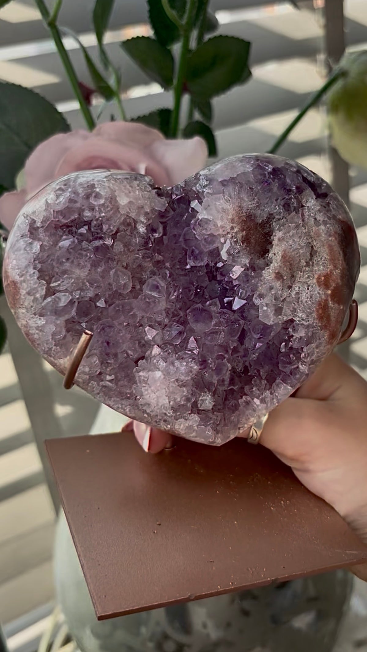 Gorgeous, high quality, pink amethyst heart with purple quartz - comes with stand