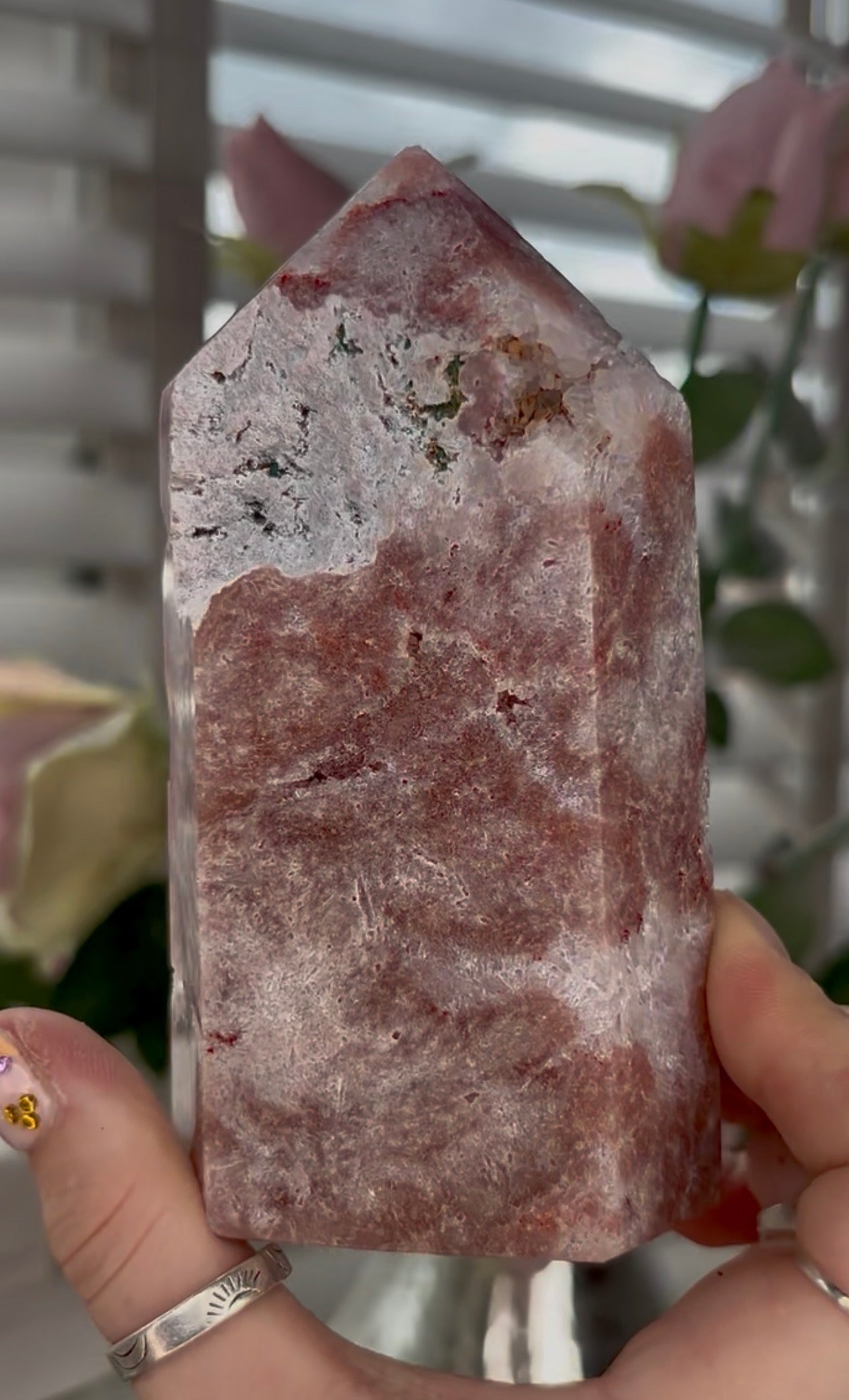 Pretty, high quality, Pink amethyst tower, in a red tone